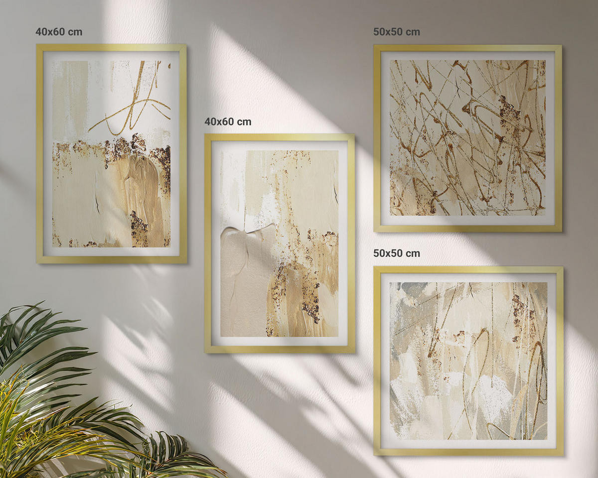 BILDER SET 4er Set - 50x50 cm & 40x60 cm Goldrahmen - Abstrakte Muster beige weiß - Goldfarben, Kunststoff (50/50cm) - TULUP