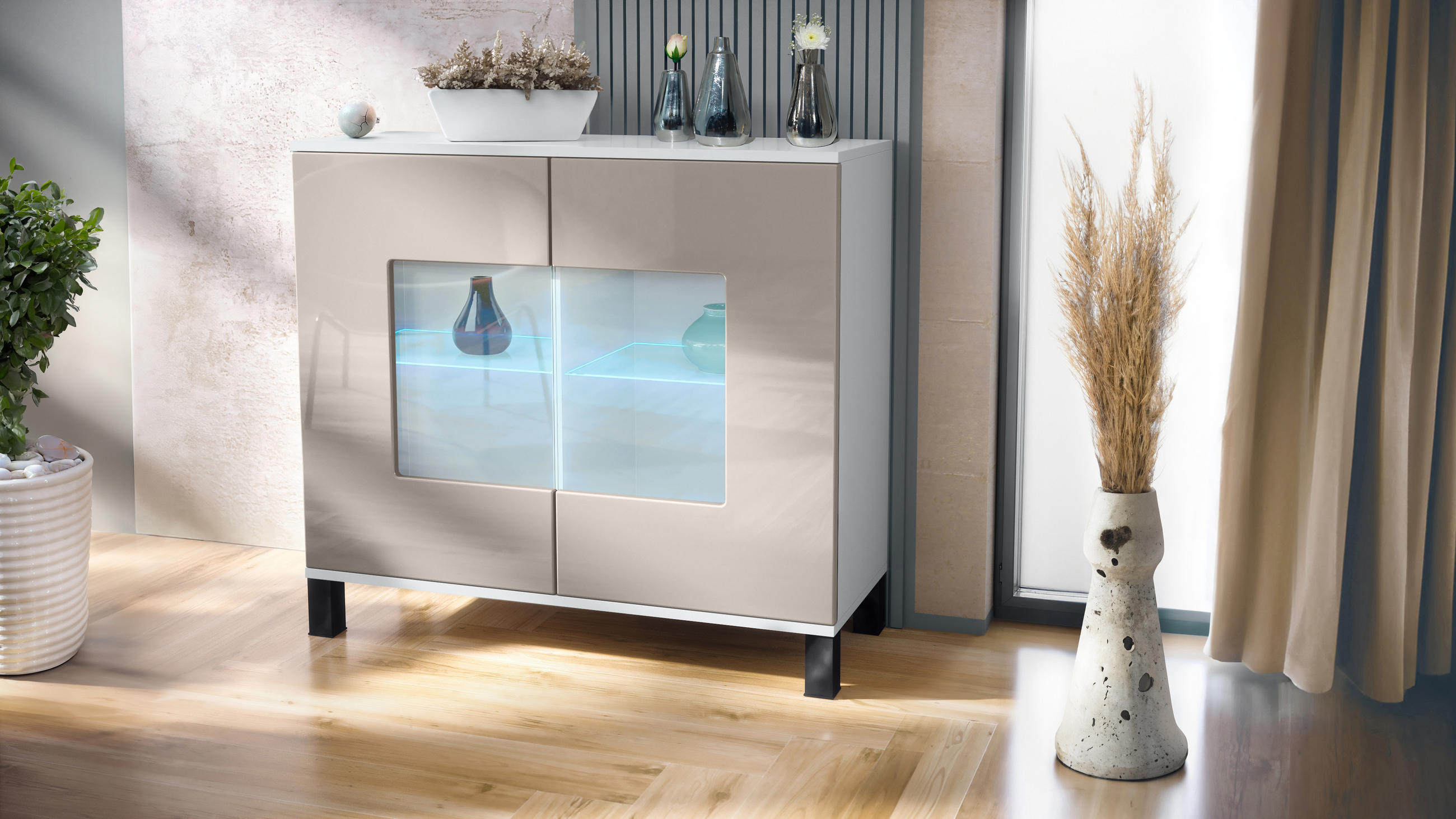 KOMMODE Grömitz Sandgrau Hochglanz - Sandfarben, Holzwerkstoff (92.5/84.5/35cm) - Vladon