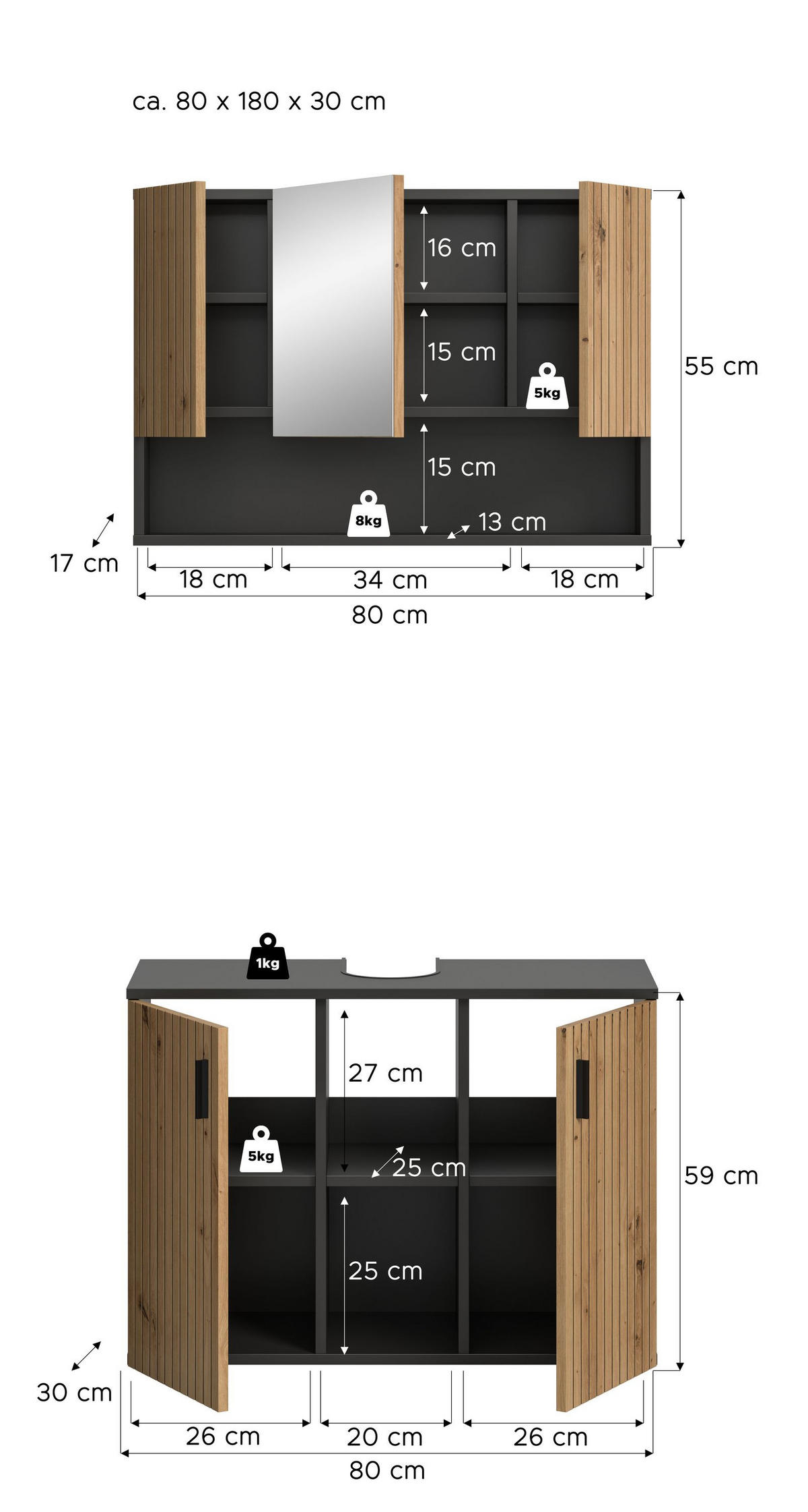 BADEZIMMER Mira 2-tlg. (B/H/T: ca. 80/180/30 cm) in Basalt grau/Artisan Oak - Grau, Holzwerkstoff (80/180/30cm)