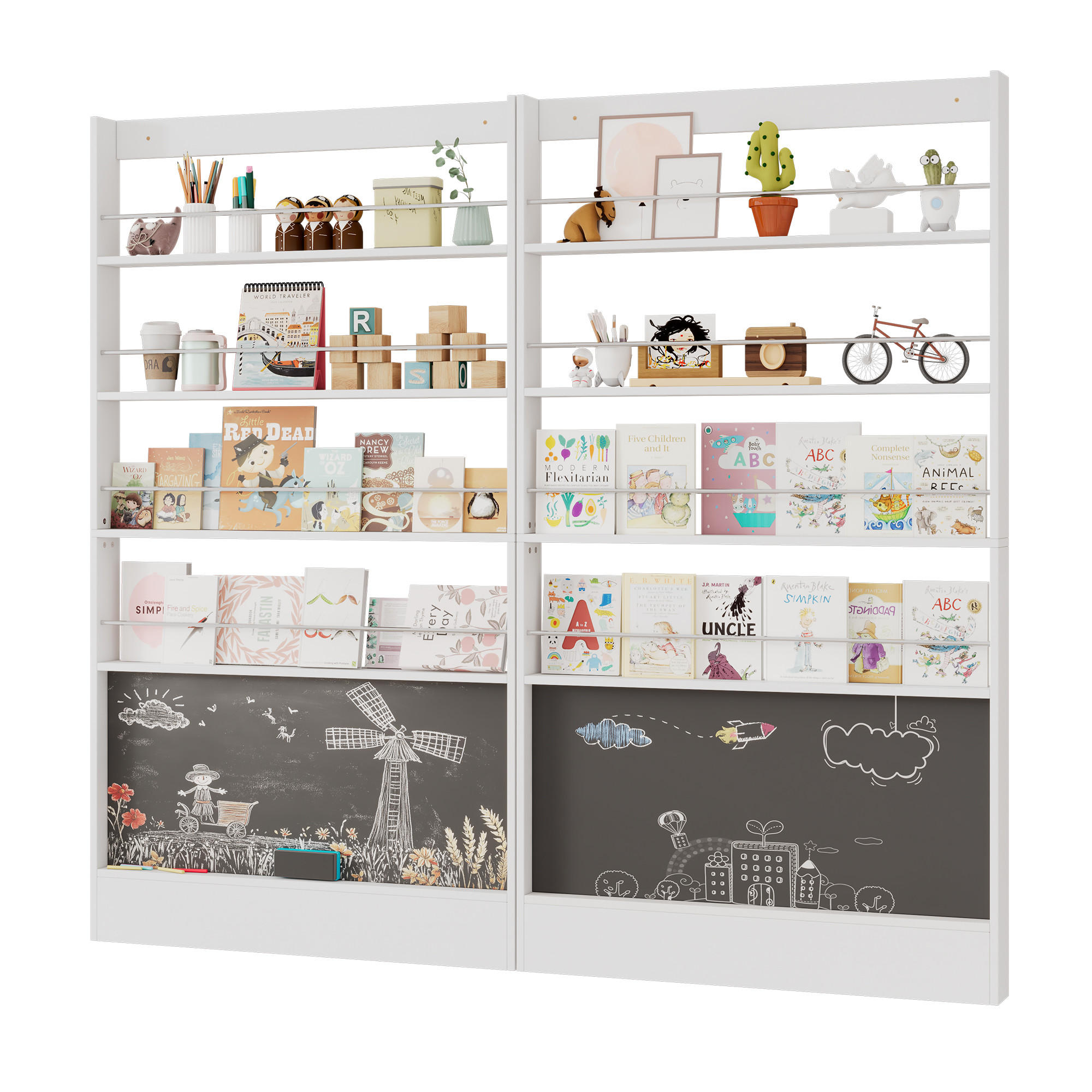 BILDERBUCHREGAL SET 200x10x180cm 2-teilig 4 Ebenen Kippschutz bemalbar - Weiß, Holz (10/180/200cm) - FLIEKS