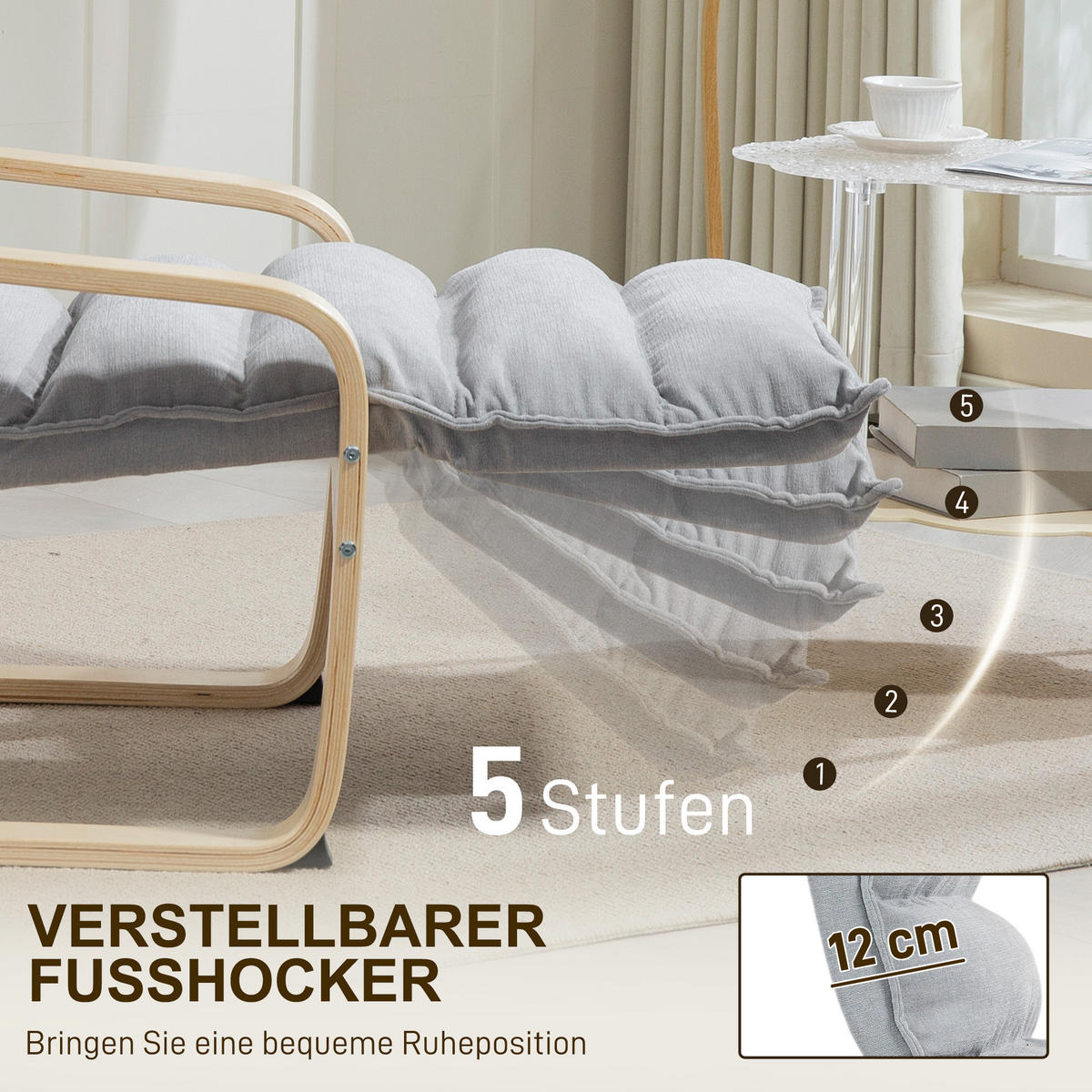 RELAXSSESSEL Sessel mit Verstellbar Fußteil, Armlehne für Wohnzimmer, Hellgrau - Hellgrau, Kunststoff (67/105/114cm) - HOMCOM