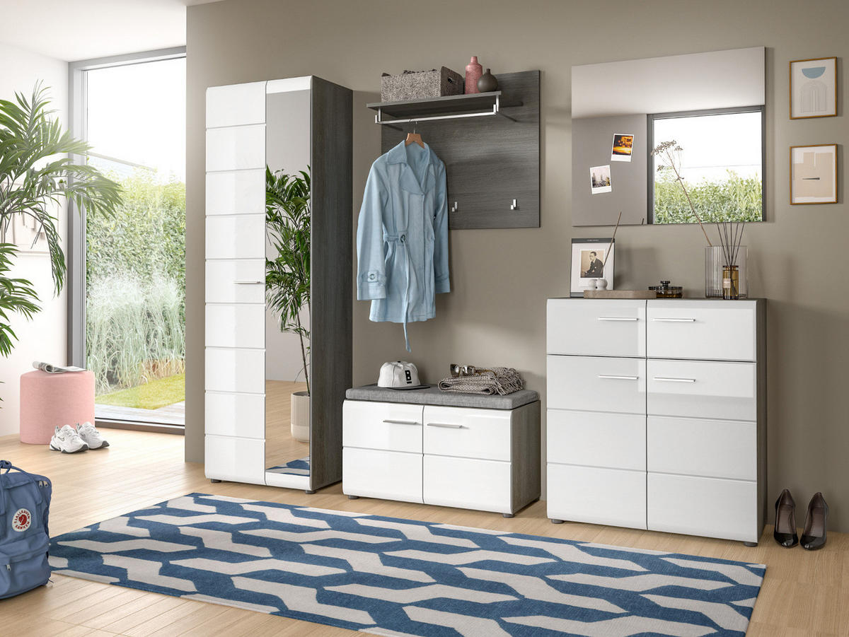 SCHUHSCHRANK weiß Hochglanz, grau 80 cm, Schuhkommode mit viel Stauraum - Weiß Hochglanz/Silberfarben, Holzwerkstoff/Kunststoff (80/90/37cm) - Inn.Furn