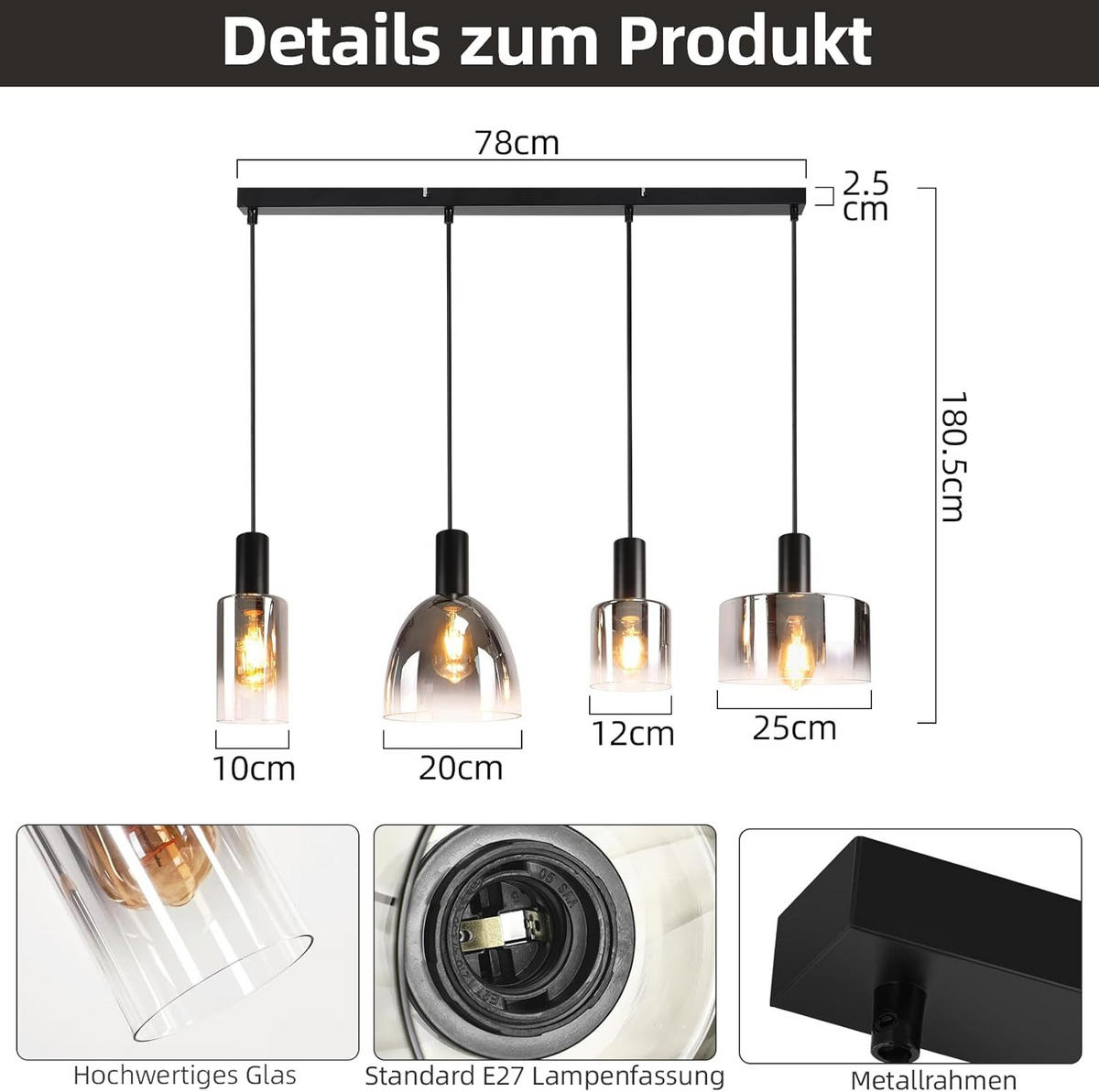 HÄNGELEUCHTE Vrynm 25/180.5/86.1 cm - Schwarz, Metall (86.1/25/180.5cm) - ZMH