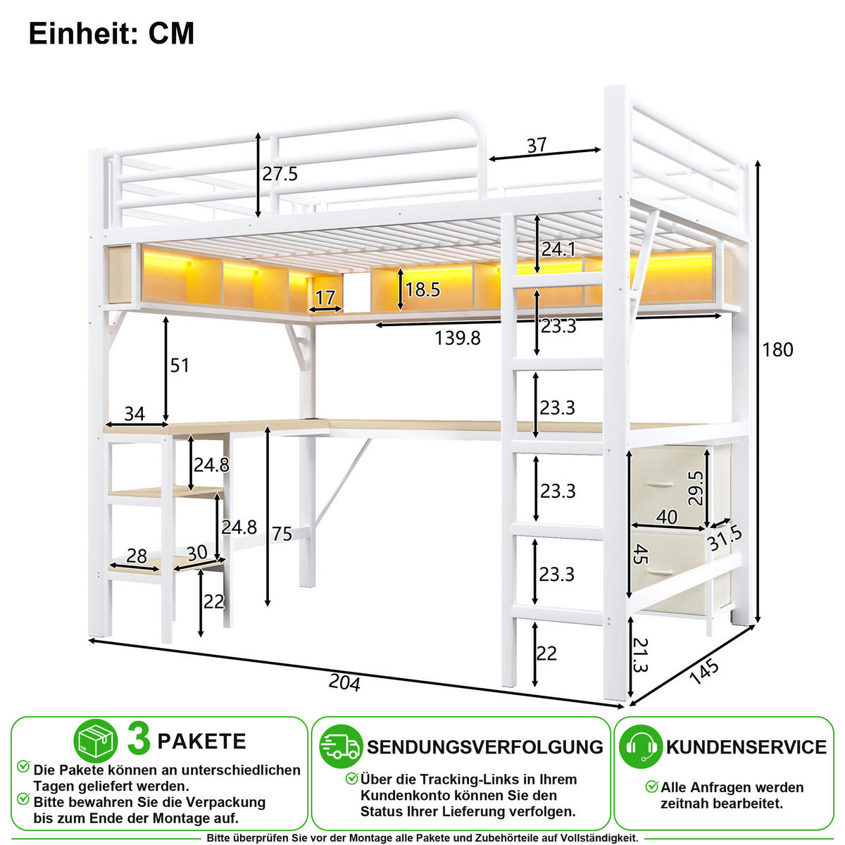 VYVÝŠENÁ POSTEL 140/200 cm v bílé barvě s psacím stolem, LED a USB - bílá, kov/kompozitní dřevo (140/200cm) - CHICFURN