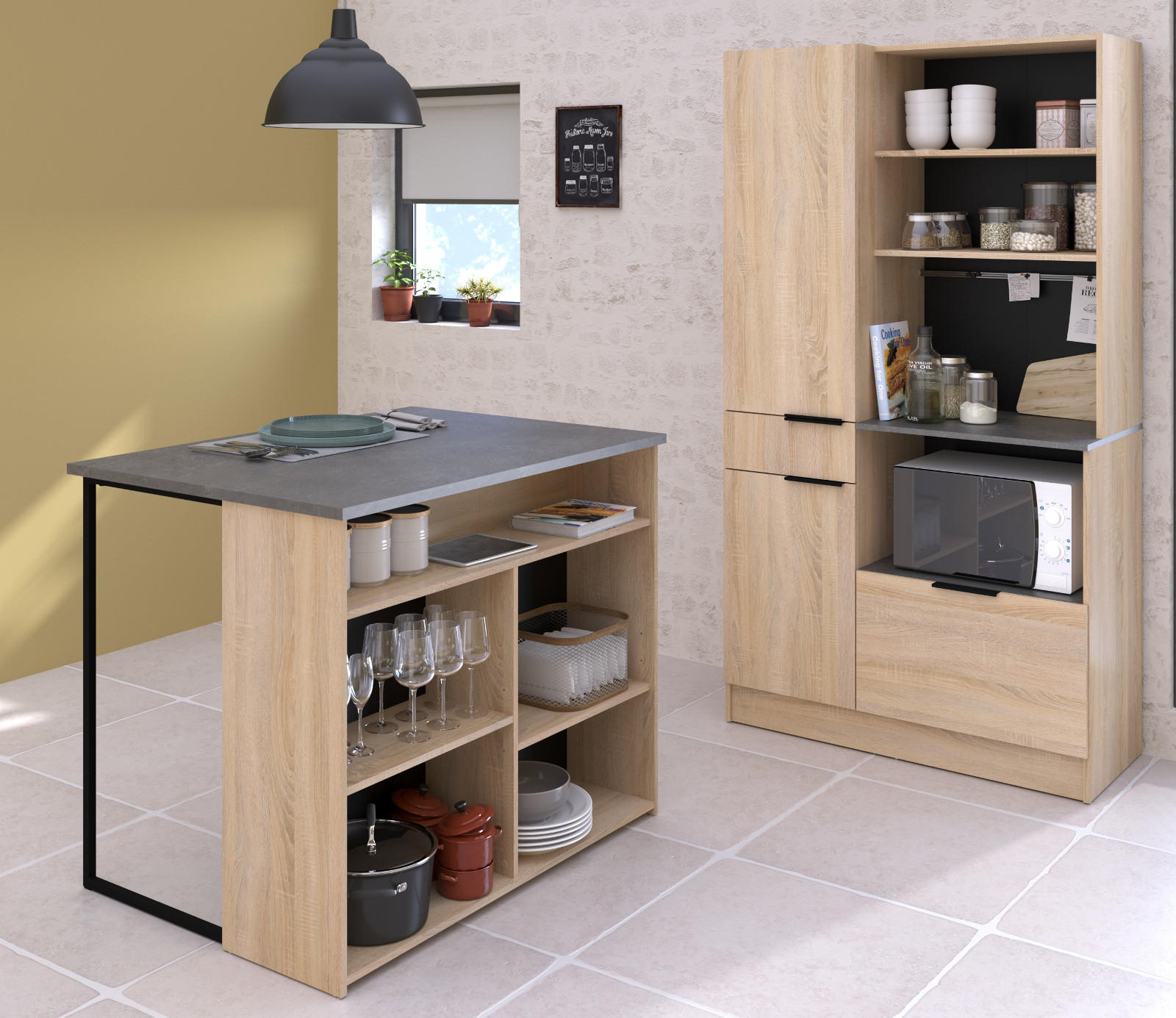 KÜCHENSCHRANK Set 2-tlg Eiche, grau mit Buffet und Kücheninsel - Eichefarben/Multicolor, Holz (209/184/184cm) - Parisot Meuble