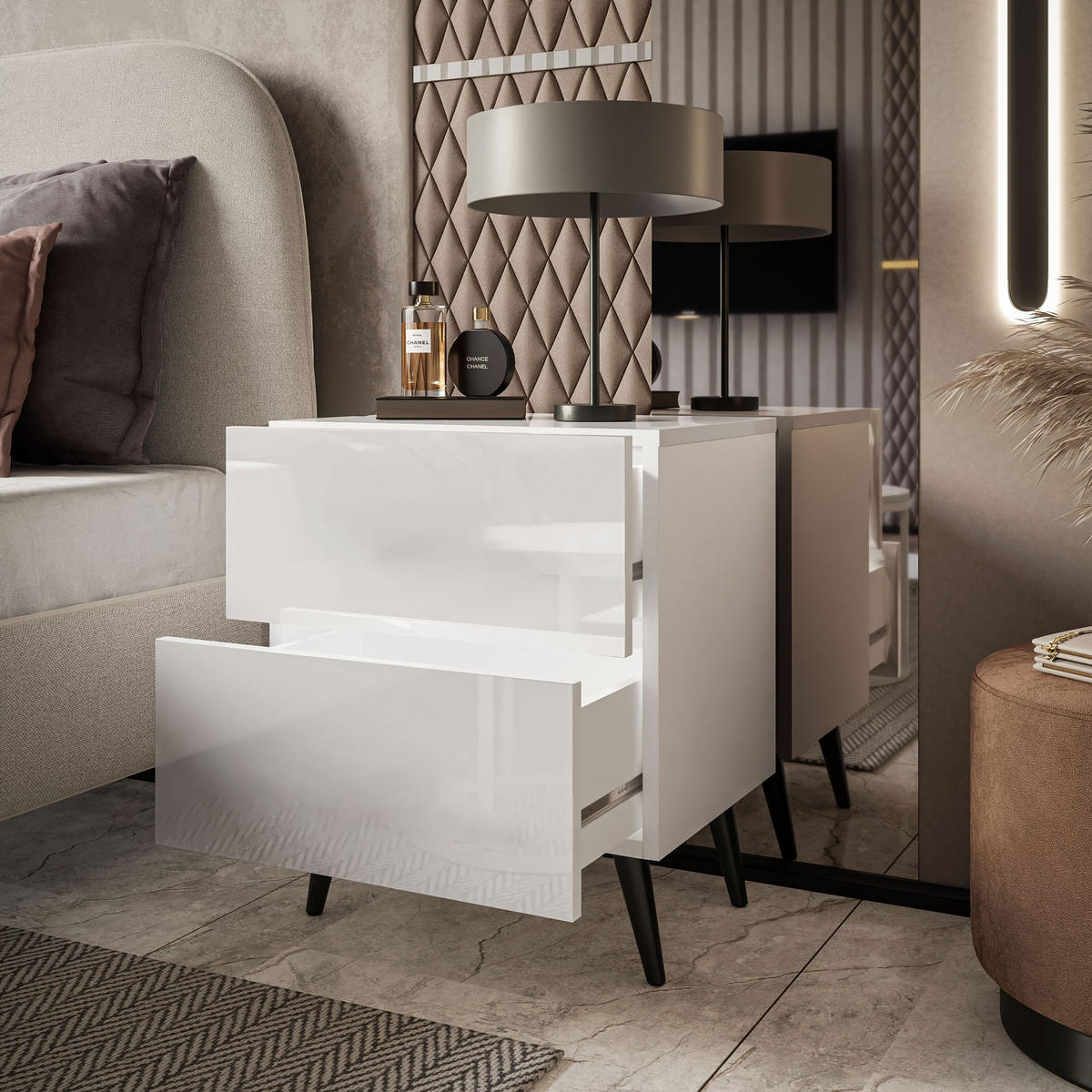NACHTTISCH AURA LUX PUSH OPEN auf Beinen – Beinfarbe: Schwarz - Weiß, Holzwerkstoff (45/55/38.5cm) - Lookway