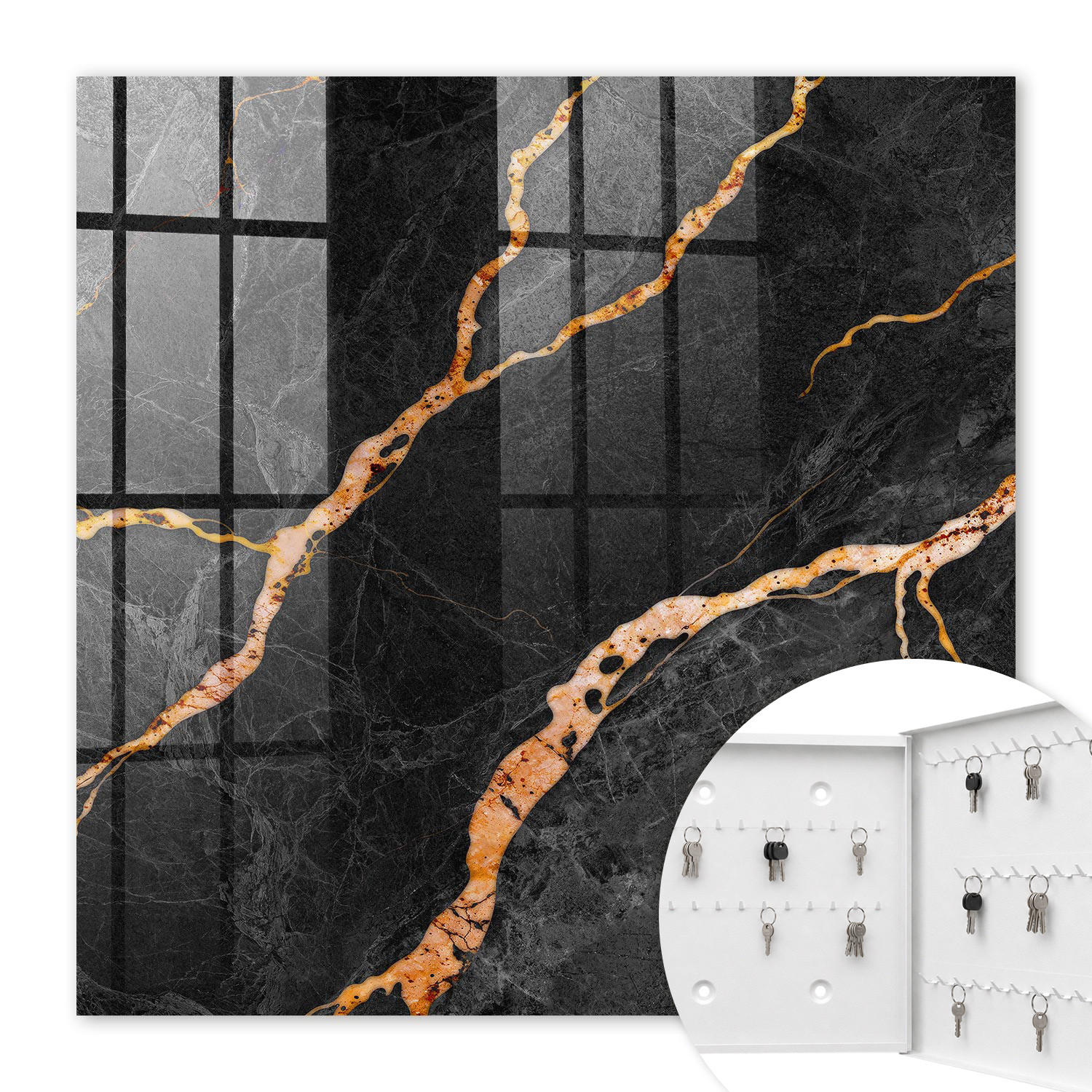 SCHLÜSSELBOX Weiß 30x30 cm – Türöffnung nach rechts - Weißer und orangefarbener Stein - Schwarz, Metall (30/30/5cm) - TULUP