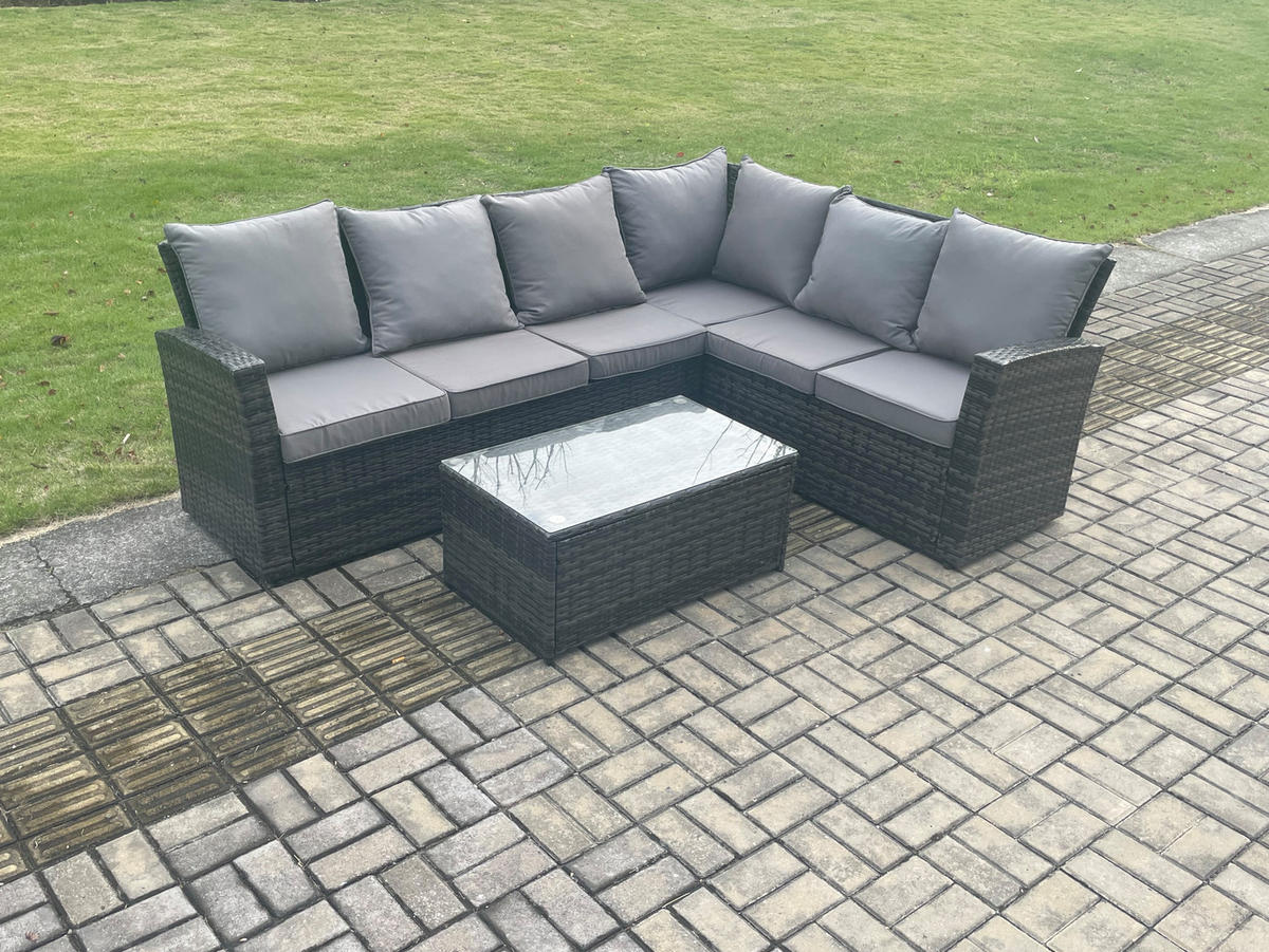 GARTENSOFA SET Hohe Rückenlehne Polyrattan Dunkelgrauer Mix 6-Sitzer - Dunkelgrau/Grau, Glas/Kunststoff - Fimous