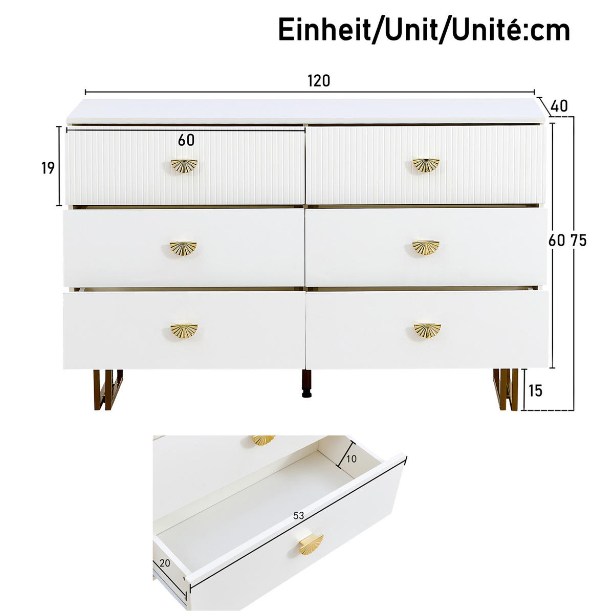 BOČNÍ skříň 120/40/75 cm bílá z MDF se zrcadlem 80/80 cm a 6 zásuvkami - bílá, kompozitní dřevo (120/75/40cm) - OKWISH