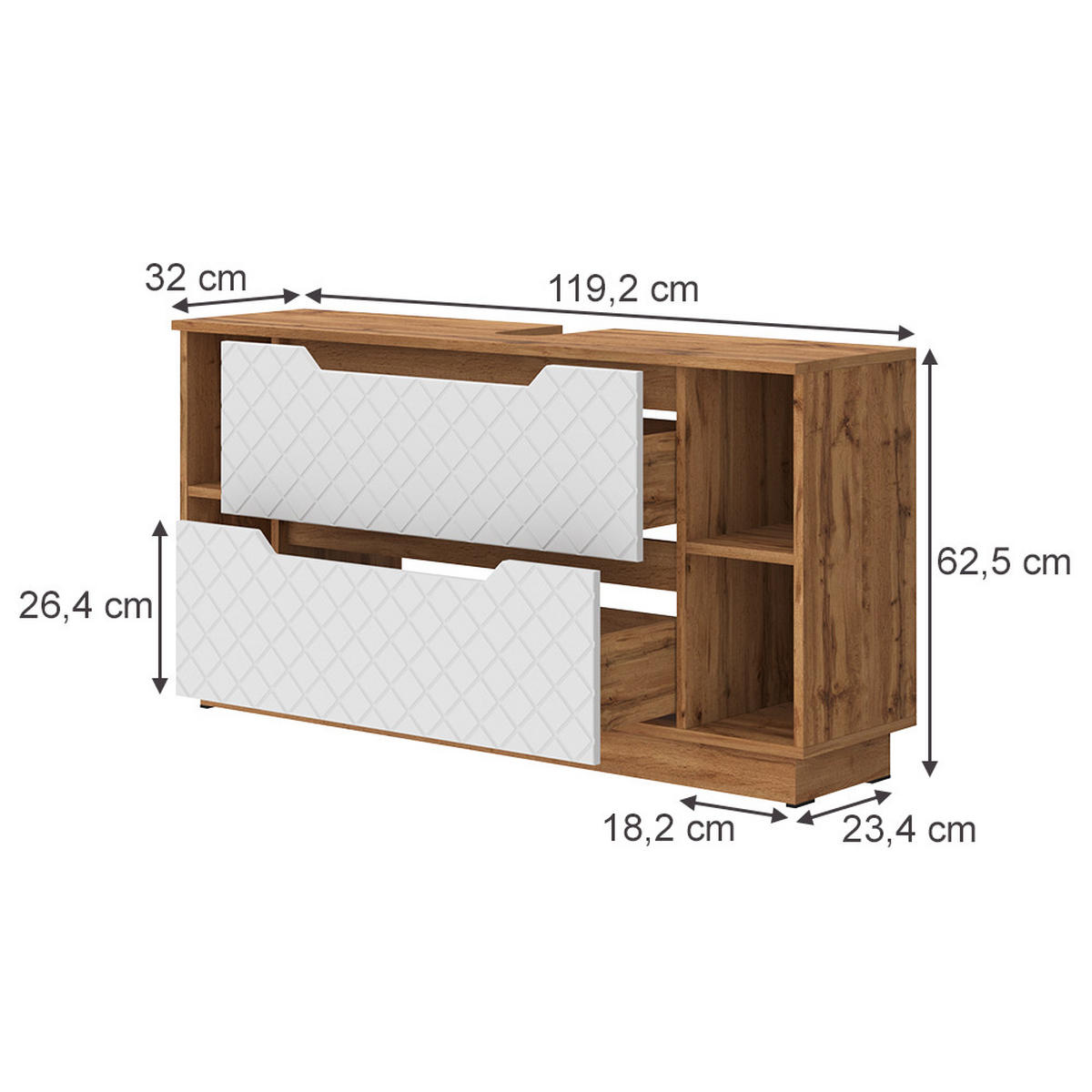 WASCHBECKENUNTERSCHRANK Lotta Eiche/Weiß mit Kachelstruktur 119.2 x 62.5 cm mit 2 Schubladen - Eichefarben/Weiß, Holzwerkstoff (119.2/62.5/32cm) - Vicco