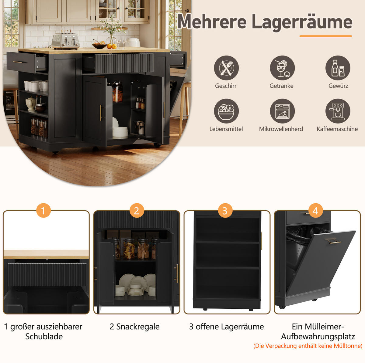 KÜCHENINSEL 120/92/50 cm Schwarz aus MDF und Metall mit Rollen - Schwarz, Holzwerkstoff (50/92/120cm) - OKMYHOME