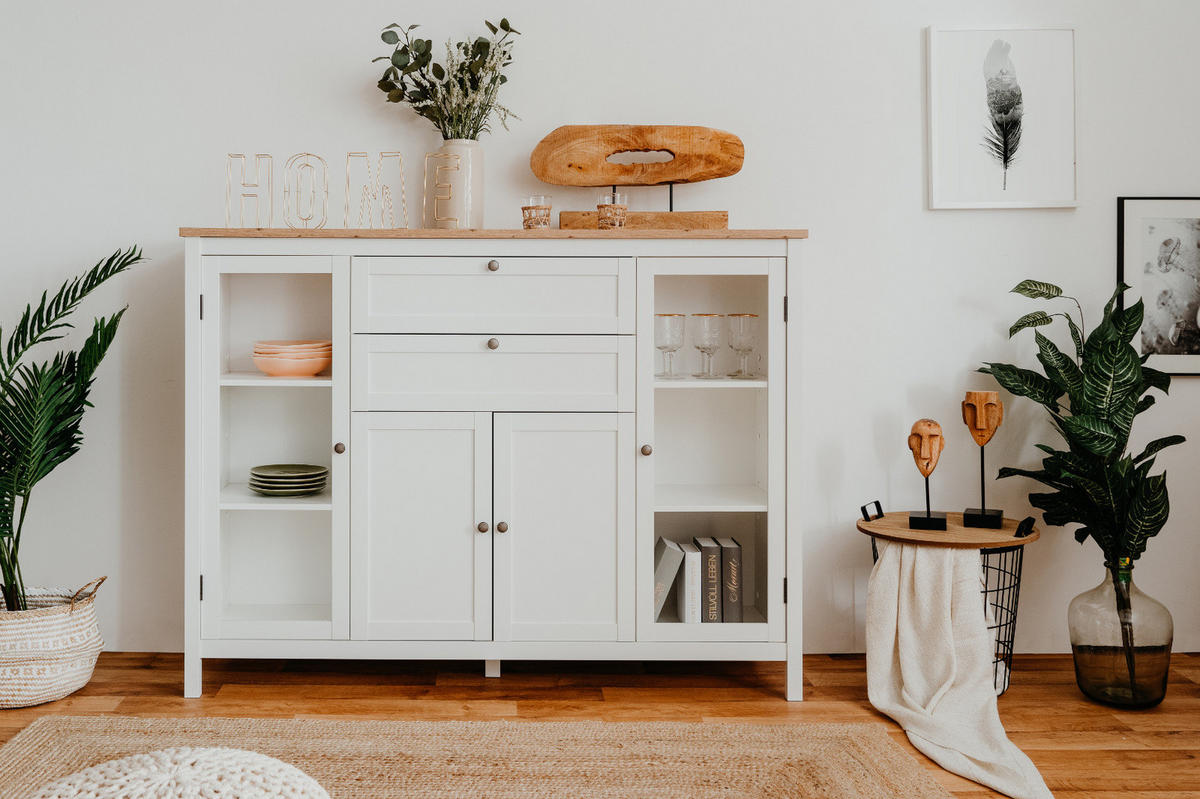 HIGHBOARD weiß, Artisan Eiche Landhaus, 160 cm, Kommode mit 8 Fächern - Silberfarben/Weiß, Holzwerkstoff/Metall (160/120/40cm) - Furn.Design