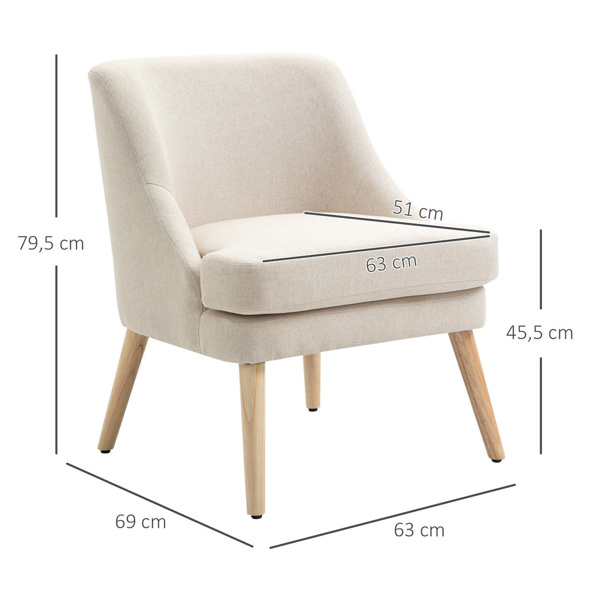 ESSZIMMERSTUHL Küchenstuhl mit Armlehne Polsterstuhl Modern Leinen-Touch Weiß - Creme, Kunststoff (69/79.5/63cm) - HOMCOM