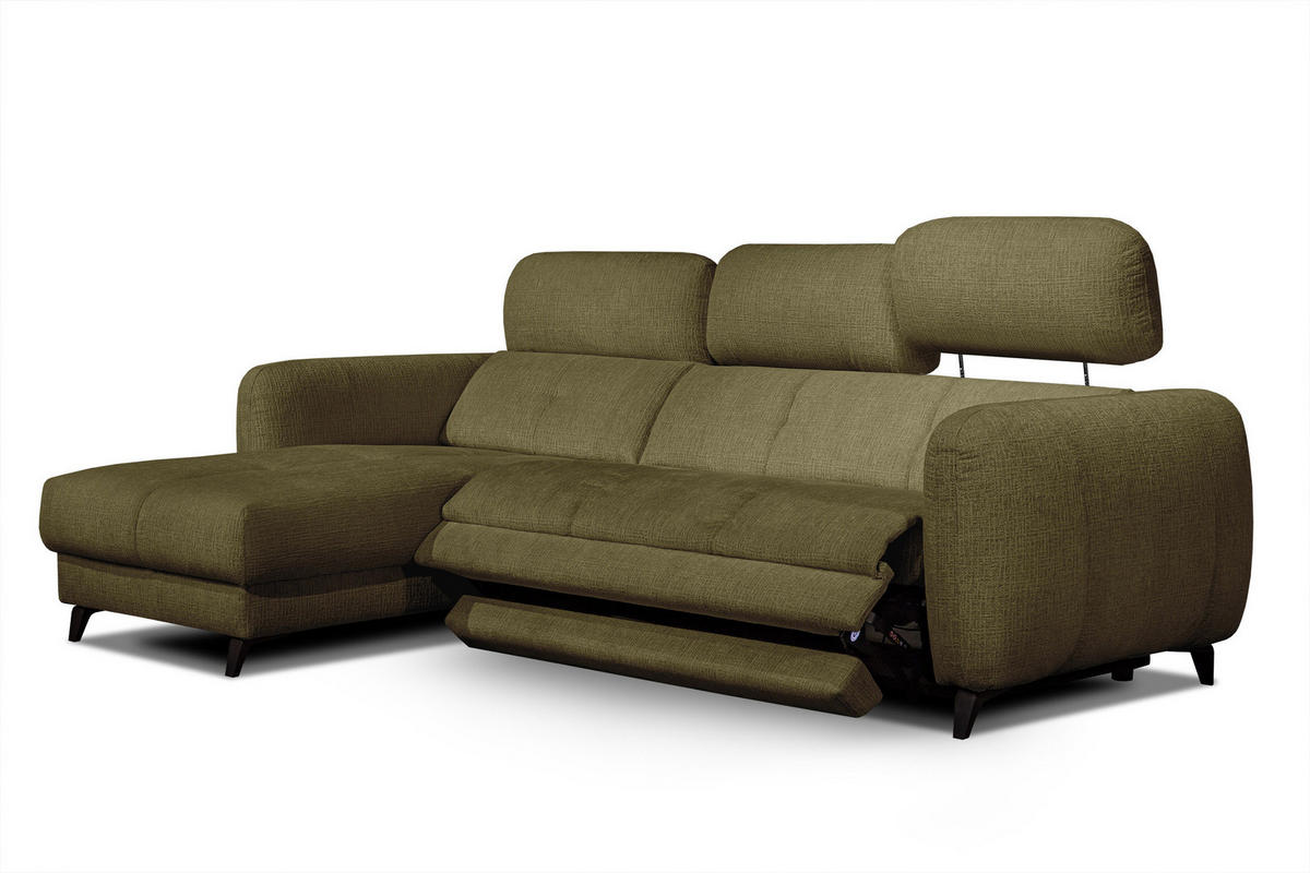 ECKSOFA SVEN 3-Sitzer, 1 Relax XL, verstellbare Kopfstützen, olivgrün - Schwarz/Olivgrün, Holzwerkstoff/Textil (256/163cm) - Courtois Laville