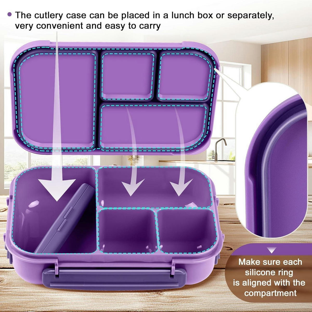 BENTO Box Kinder 1200ml 4 Fächer Lila mit Besteck - Lila, Kunststoff (16/5.8/22.5cm)