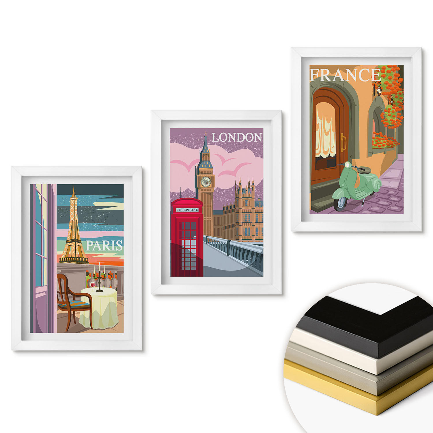 WANDBILDER 3er-Set - 20x30 cm Weißer Rahmen - Ansichten Paris London Retro - Weiß, Kunststoff (20/30cm) - ArtPrintCave
