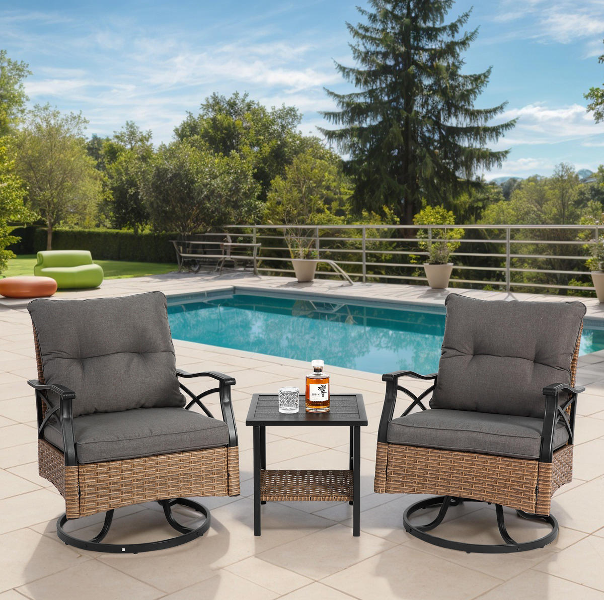 GARTENSET 64/82/58 cm Braun-Grau aus Stahl mit Dreh- und Schaukelfunktion 3er Set - Grau, Metall - OKMYHOME