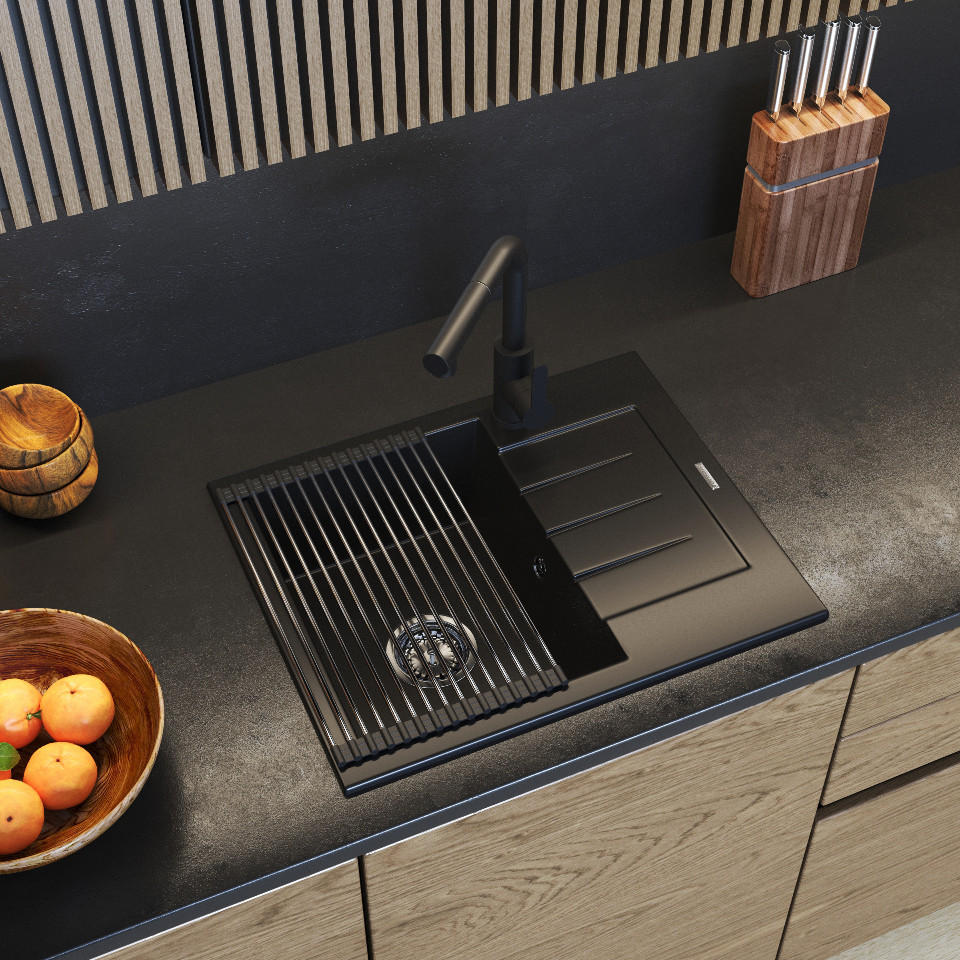 SPÜLBECKEN MILANO mit Batterie Siphon - Schwarz, Kunststoff/Stein (46/16/57cm) - Granitan