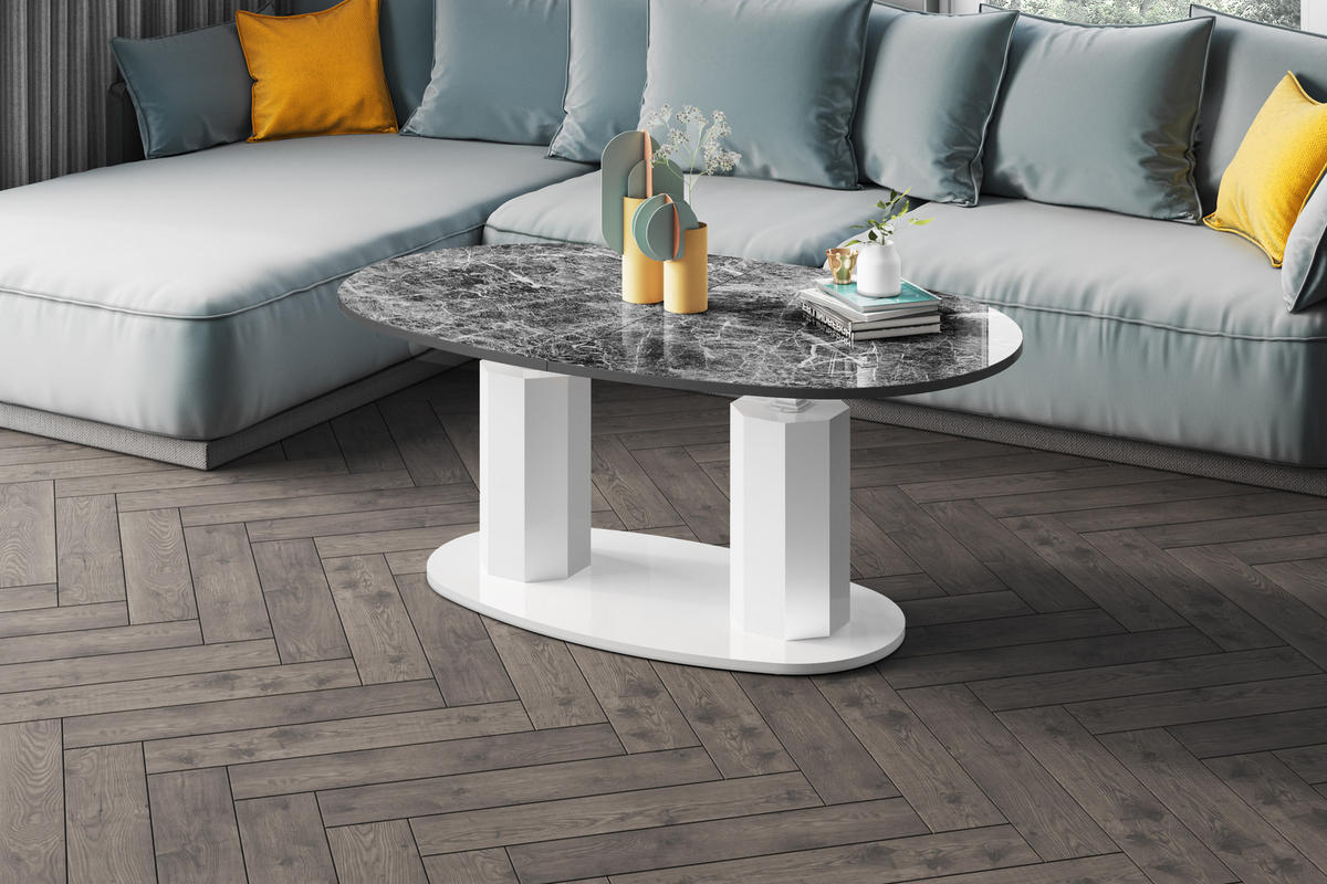 COUCHTISCH Marmor dunkel Weiß Hochglanz oval ausziehbar höhenverstellbar - Dunkelgrau/Weiß Hochglanz, Holzwerkstoff (80/130/54cm) - designimpex