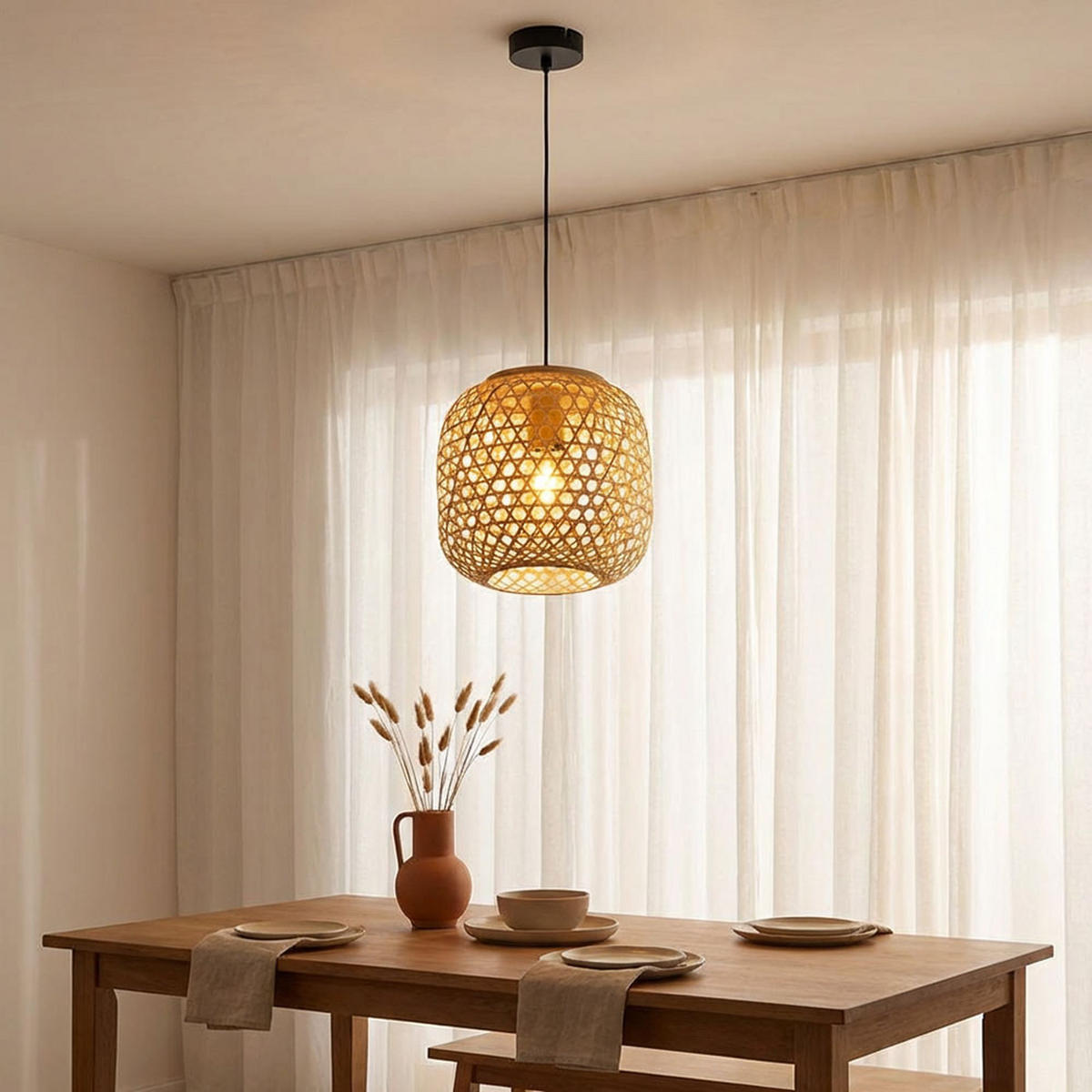 LED HÄNGELEUCHTE Bambus Geflecht Beige - Beige, Holz (23/23/135cm) - Globo Lighting