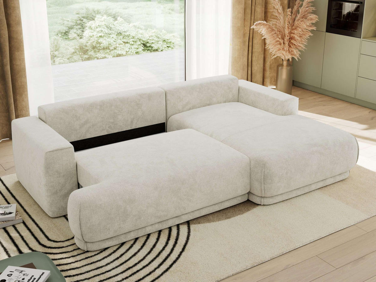 ECKSCHLAFSOFA RINA L Creme Schenille grob gewebt - rechts - Creme/Schwarz, Kunststoff/Textil (170/267cm) - MKS