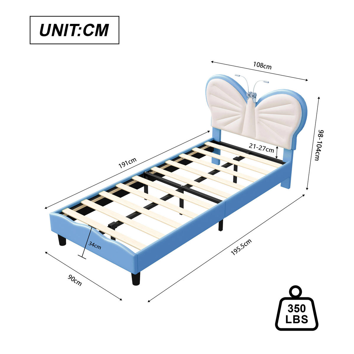 KINDERBETT 90 x 190 cm, Kopfteil in Schmetterlingsform, mit integrierter LED-Leselampe & höhenverstellbarem Kopfteil,Samtmaterial,Weiß und blau - Hellblau, Holz/Metall (90/190cm) - BursDany