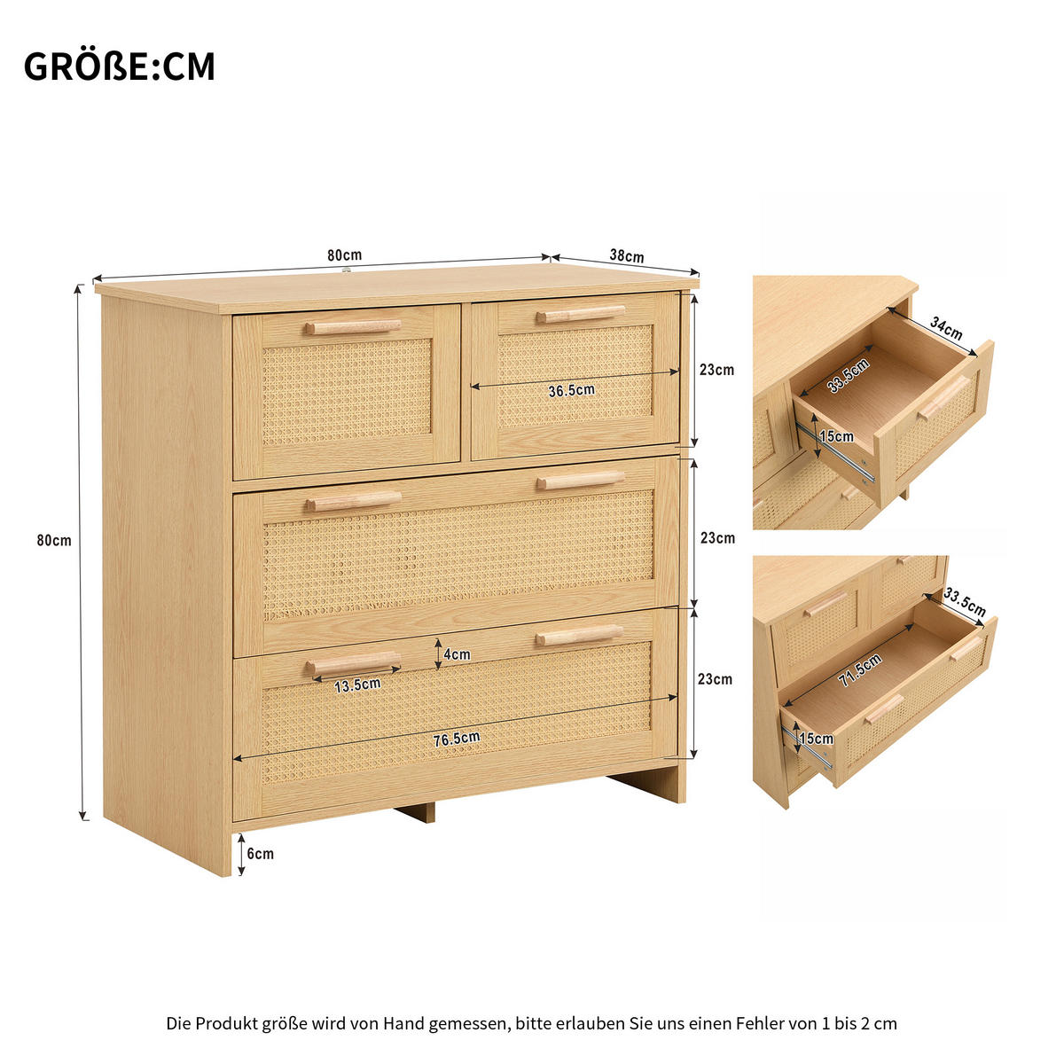 SIDEBOARD Rattan kommode mit 4 Schubladen & Massivholz Griffen - Eichefarben, Naturmaterialien/Holzwerkstoff (80/80/38cm) - Urban Meuble