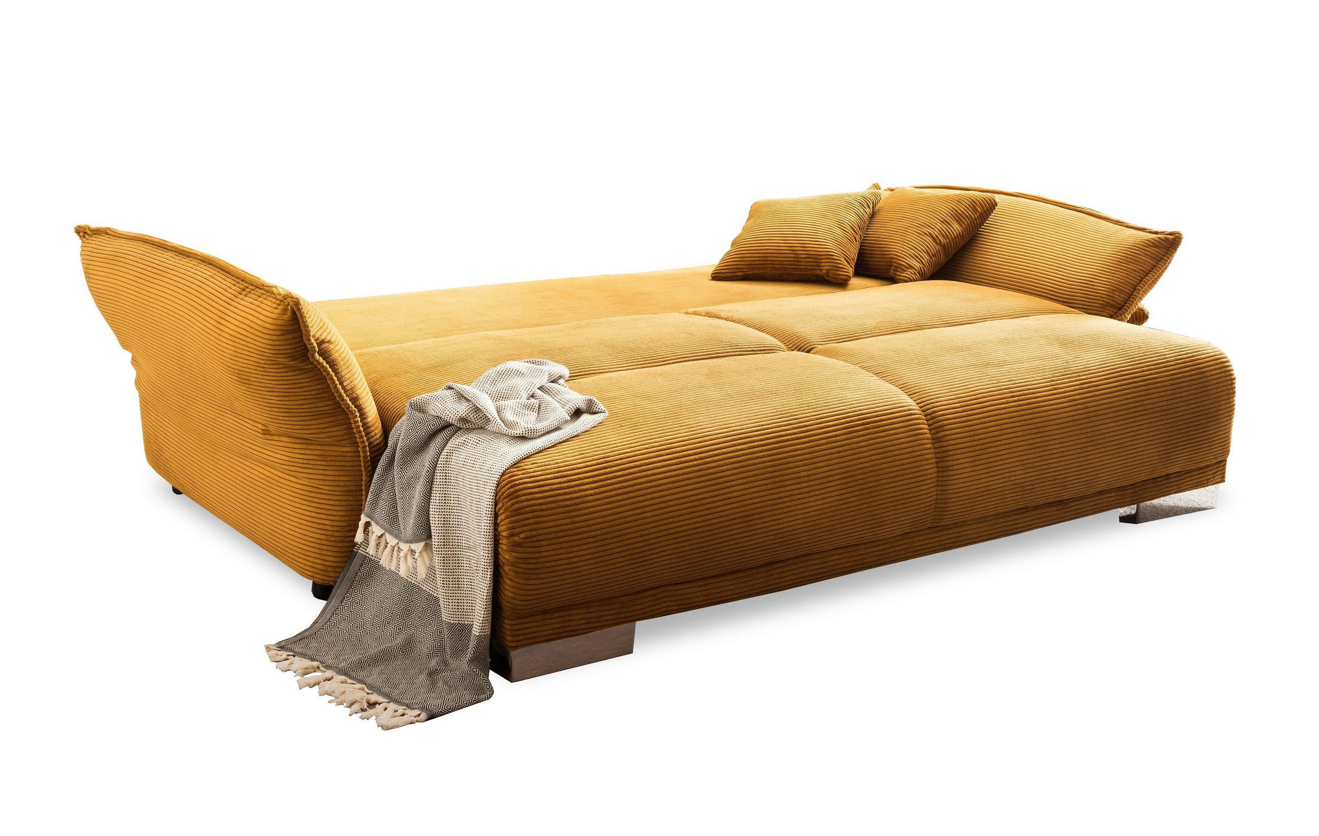 BIG-SOFA mit Schlaffunktion 242/131/90 cm Federkern, verstellbare Armlehnen, Bettkasten, Liegefläche 168x199 cm, Cord Gold Ockergelb / 17213 - Chromfarben/Goldfarben, Kunststoff/Textil (242/90/131cm) - luma-home