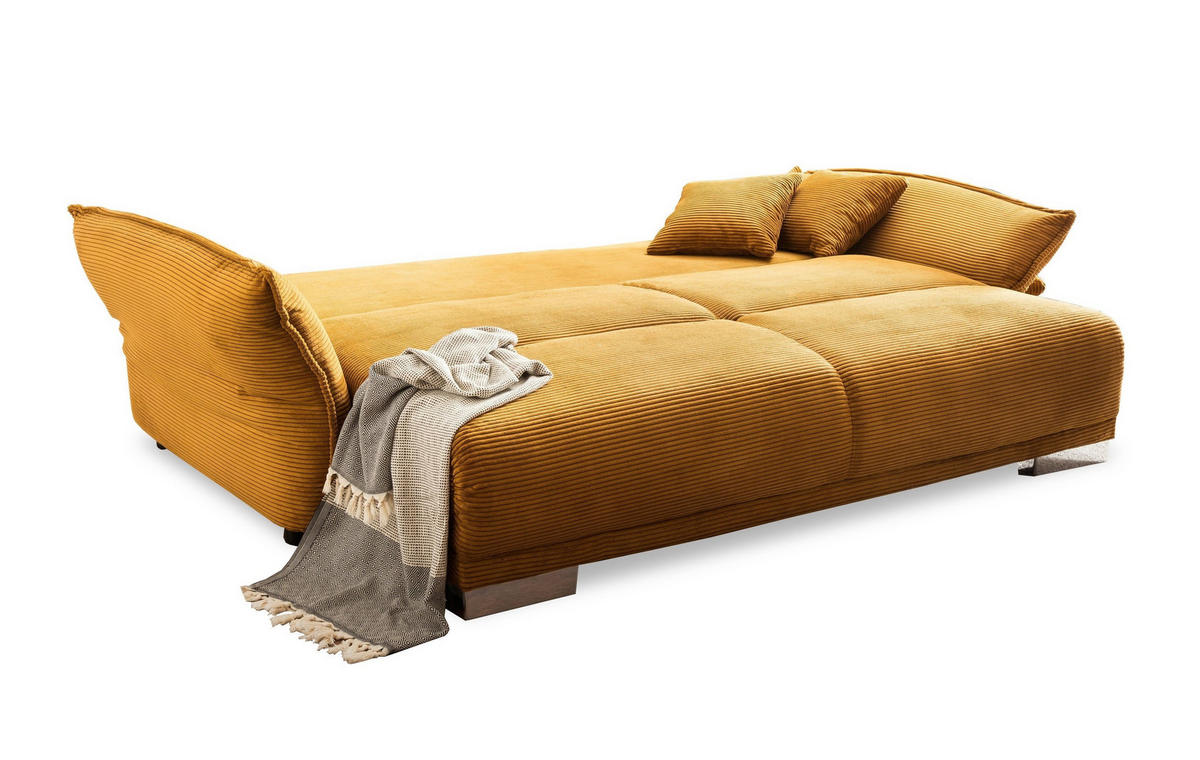 BIG-SOFA mit Schlaffunktion, Bettkasten, Federkern, Armlehnen verstellbar B242/T131/H90 cm, Liegefläche 168x199 cm, Cord Gold Ockergelb / 17213 - Currygelb/Chromfarben, Kunststoff/Textil (242/90/131cm) - luma-home