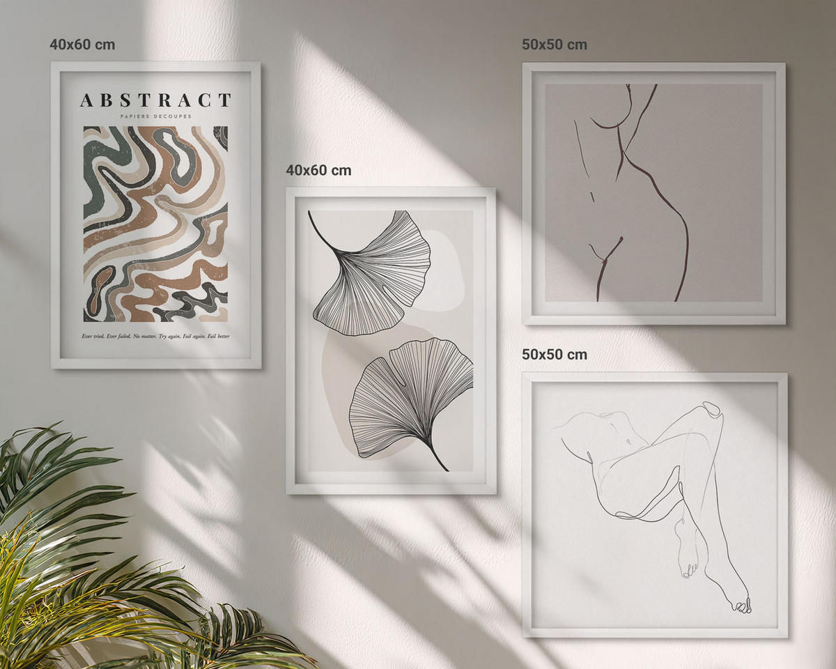 WANDBILDER 4er-Set - 50x50 cm & 40x60 cm Weißer Rahmen - Abstrakte Boho-Blattformen - Weiß, Kunststoff (50/50cm) - ArtPrintCave