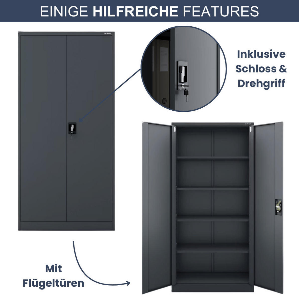 AKTENSCHRANK abschließbar KADO mit Flügeltüren 185x90x40cm Anthrazit - Anthrazit, Metall (90/185/40cm) - DELUKE