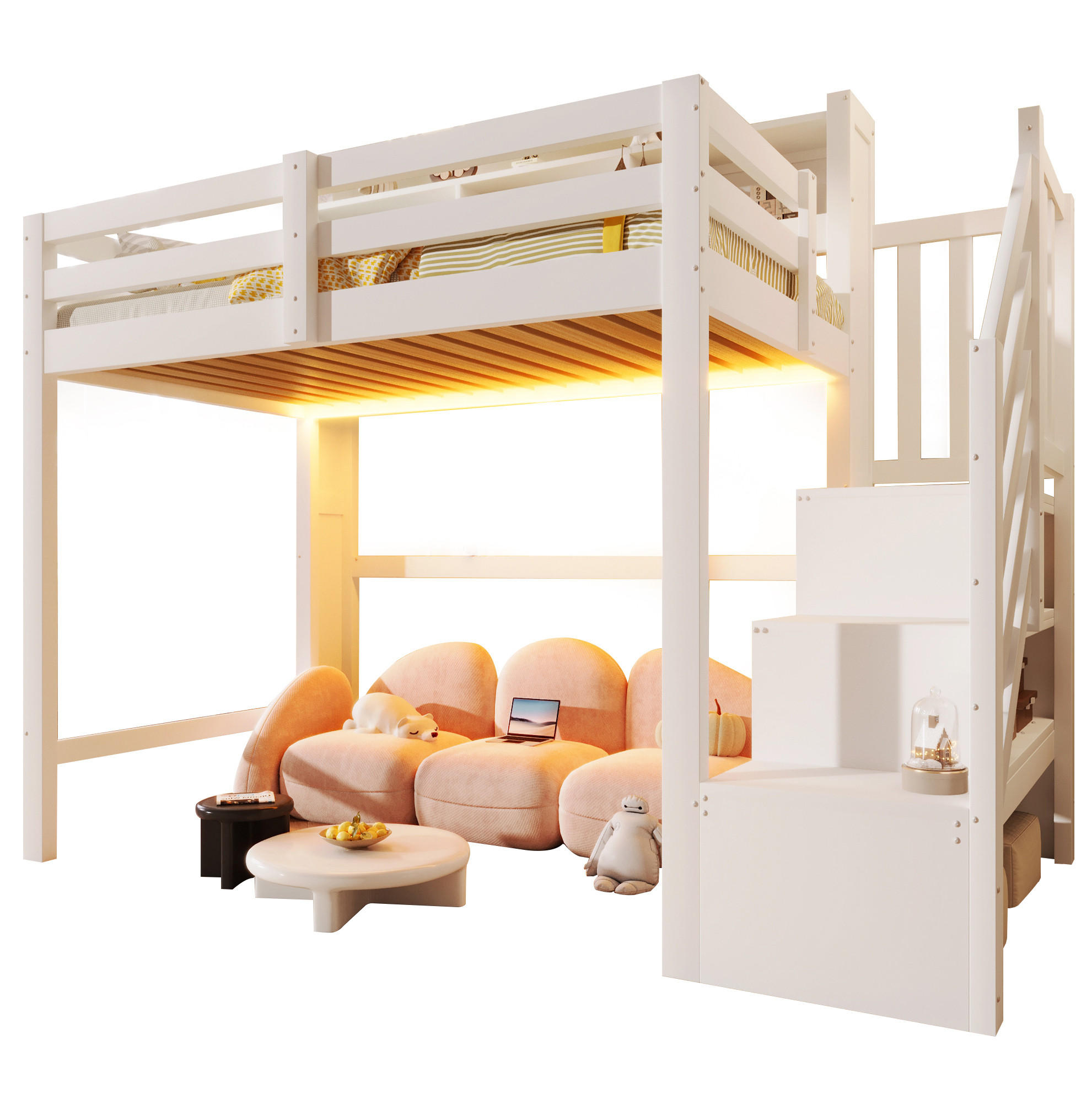 HOCHBETT 90/200 cm Weiß mit LED und Stauraum ohne Matratze - Weiß, Holz (90/200cm) - MIVRAY