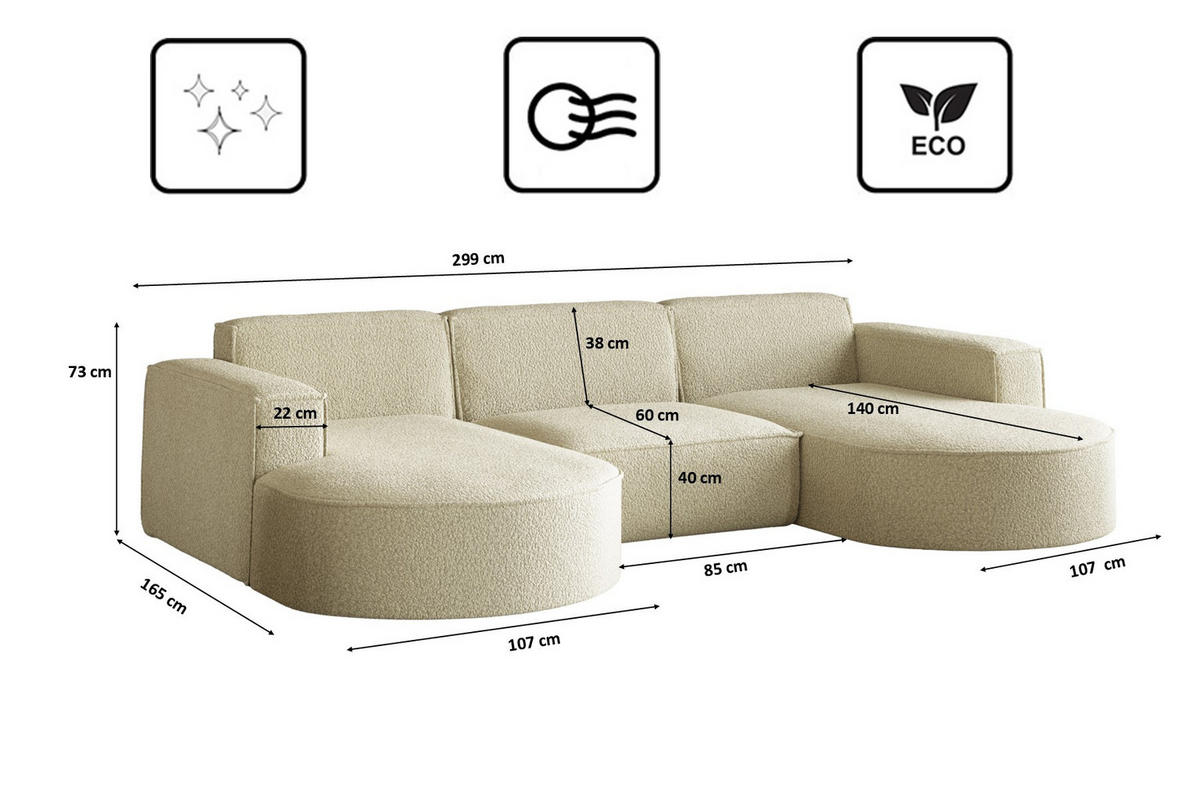 ECKSOFA, Modena U-Form, Stoff Quelle, Beige - Beige, Holz (299/165cm) - Kaiser Möbel