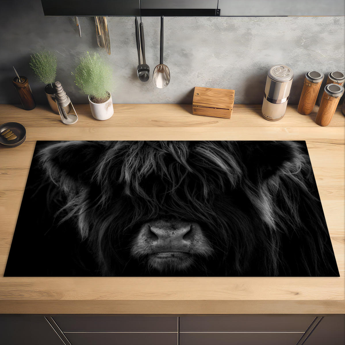 HERDABDECKPLATTE Schottischer Highlander - Kuh - Schwarz - Weiß - Tiere Induktionsschutz 91.6x52.7 cm - Schwarz, Kunststoff (91.6/52.7/0.2cm) - MuchoWow