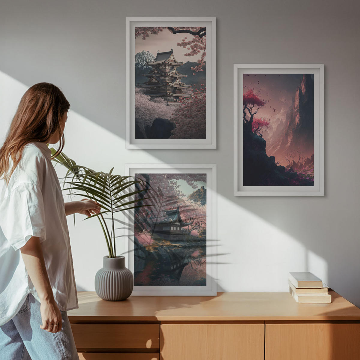WANDBILDER 3er-Set - 40x60 cm Weißer Rahmen - Fantasielandschaften der japanischen Berge - Weiß, Kunststoff (40/60cm) - ArtPrintCave