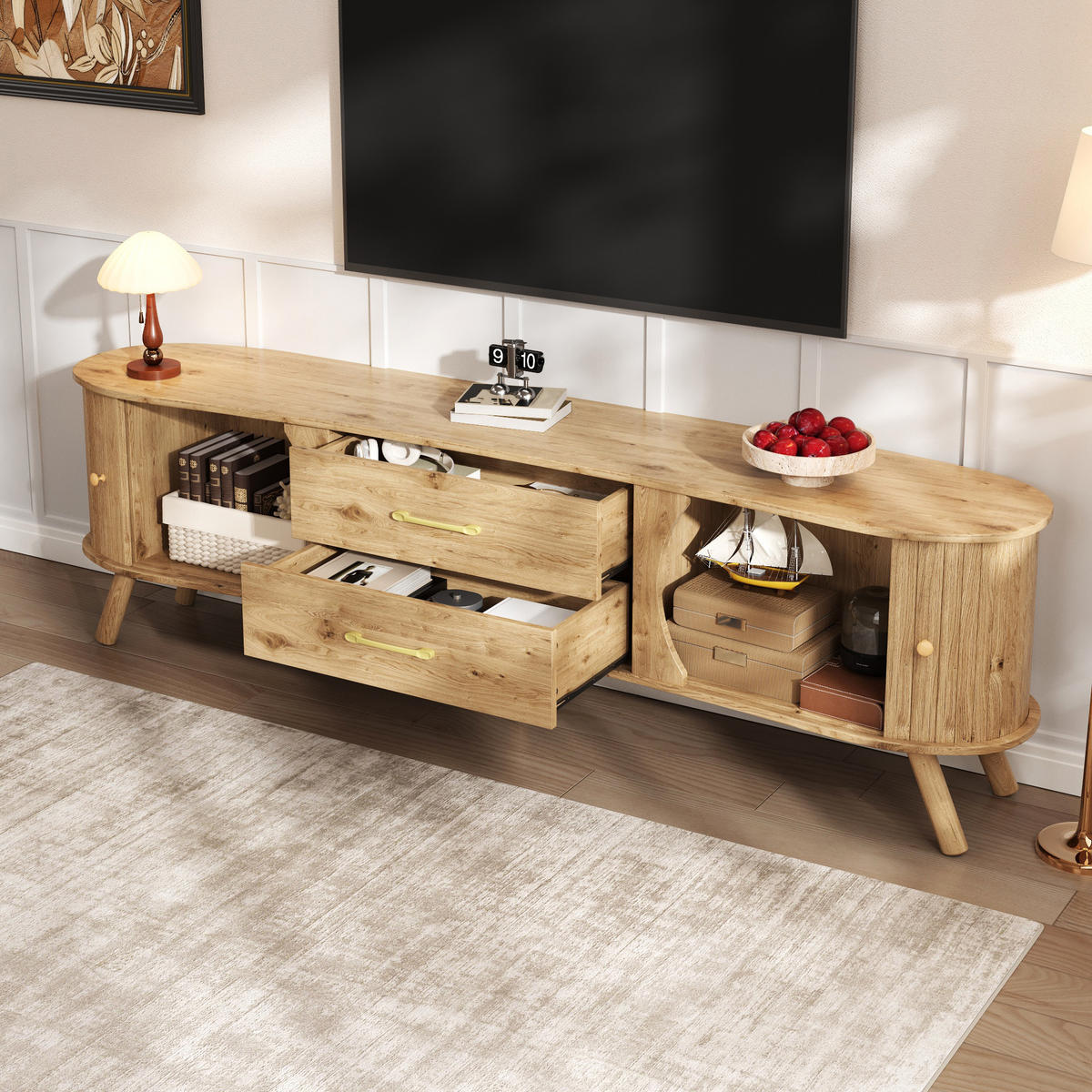 TV-LOWBOARD organisch Rillenoptik 2 Türen 2 Schubladen - Naturfarben, Holz (160/55/36.5cm) - Fortuna Lai