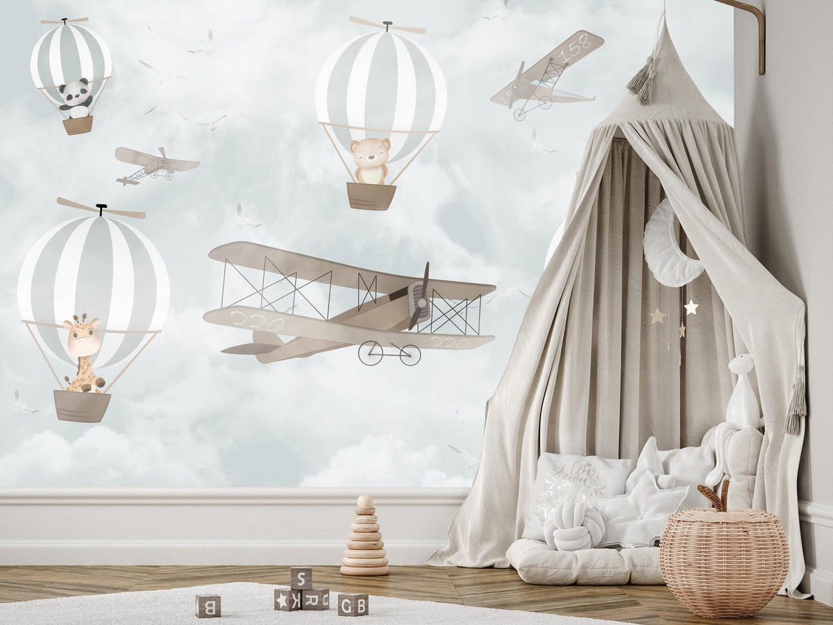 FOTOTAPETE für Kinderzimmer Ballons Tiere Wolken Flugzeuge Fantasie Retro 350x256 - Beige/Braun, Papier (350/256cm) - Muralo