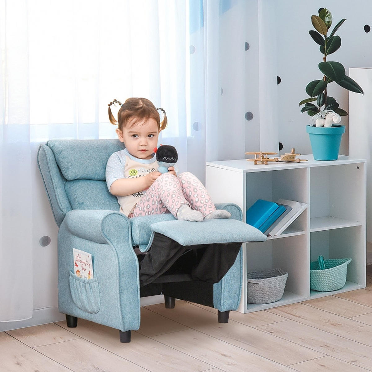 KINDERSOFA mit Fußstütze verstellbare Rückenlehne Blau - Blau, Holz (53/70/58cm) - BursDany