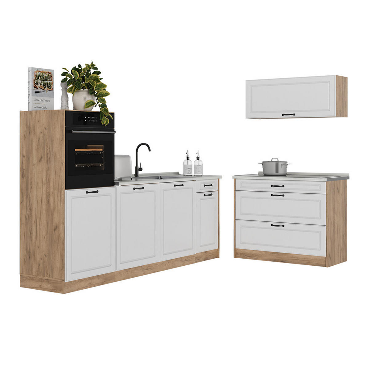 KÜCHENZEILE R-Line, Weiß Landhaus/Goldkraft Eiche, 220 cm Arbeitsplatte Anthrazit - Eichefarben/Weiß, Holzwerkstoff (220/143/60cm) - Vicco