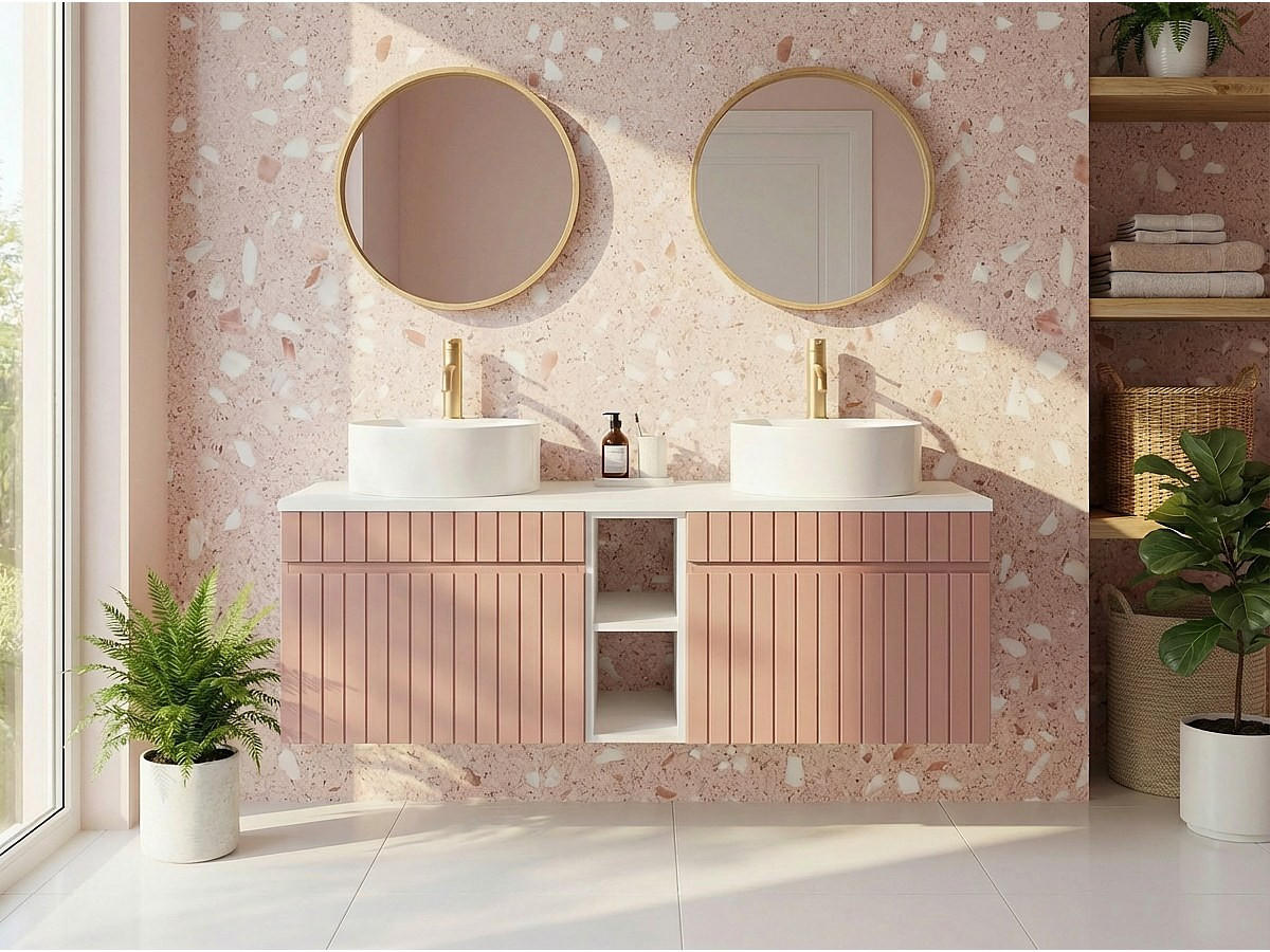 DOPPELWASCHTISCH - 140cm x 46cm - MDF - puderrosa, weiß - SATARA - Pink, Holz (140/46/46cm) - Vente-Unique