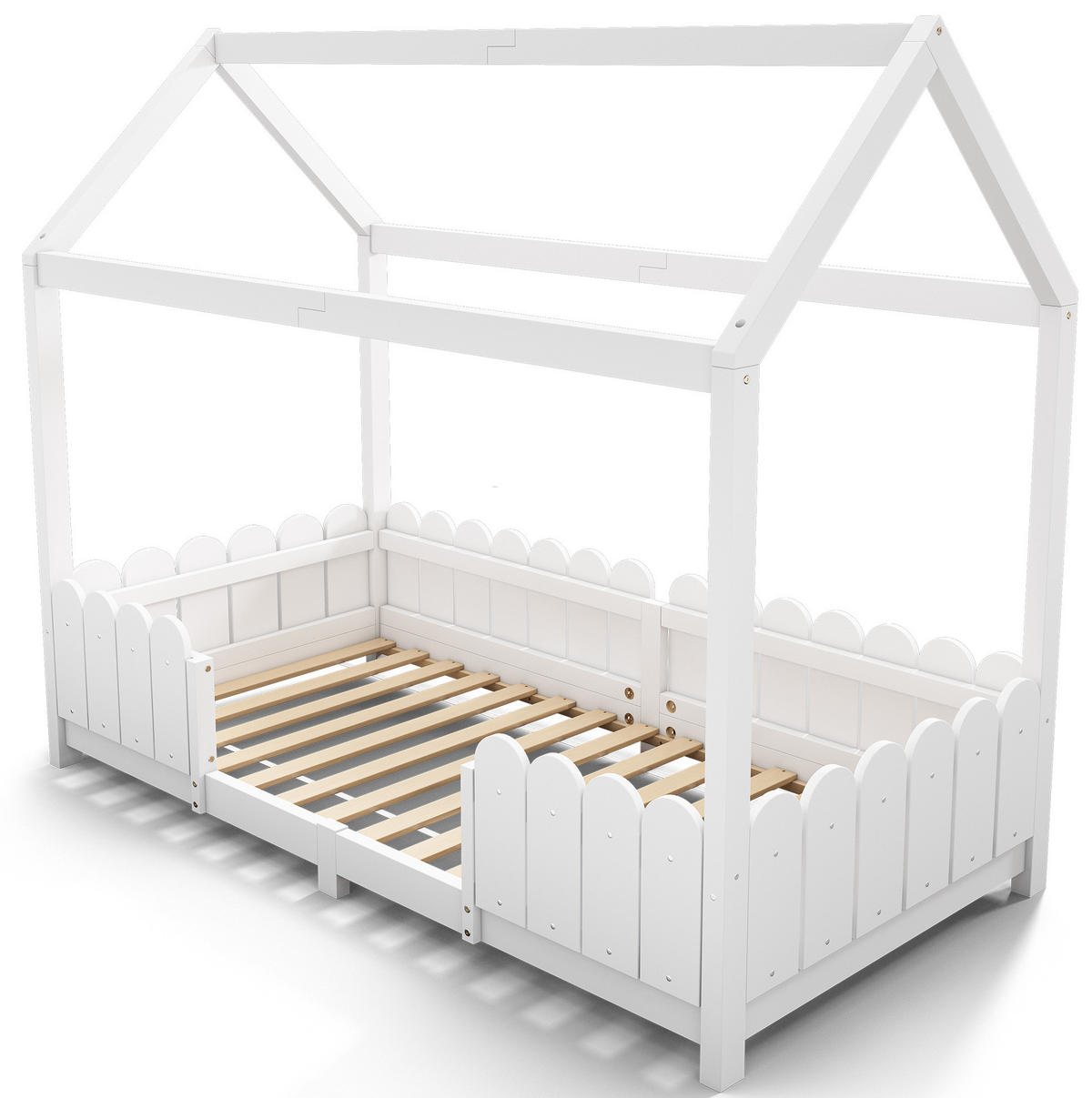 KINDERHAUSBETT 90/200 cm Weiß aus Kiefernholz und MDF mit Rausfallschutz - Weiß, Holz (90/200cm) - OKMYHOME