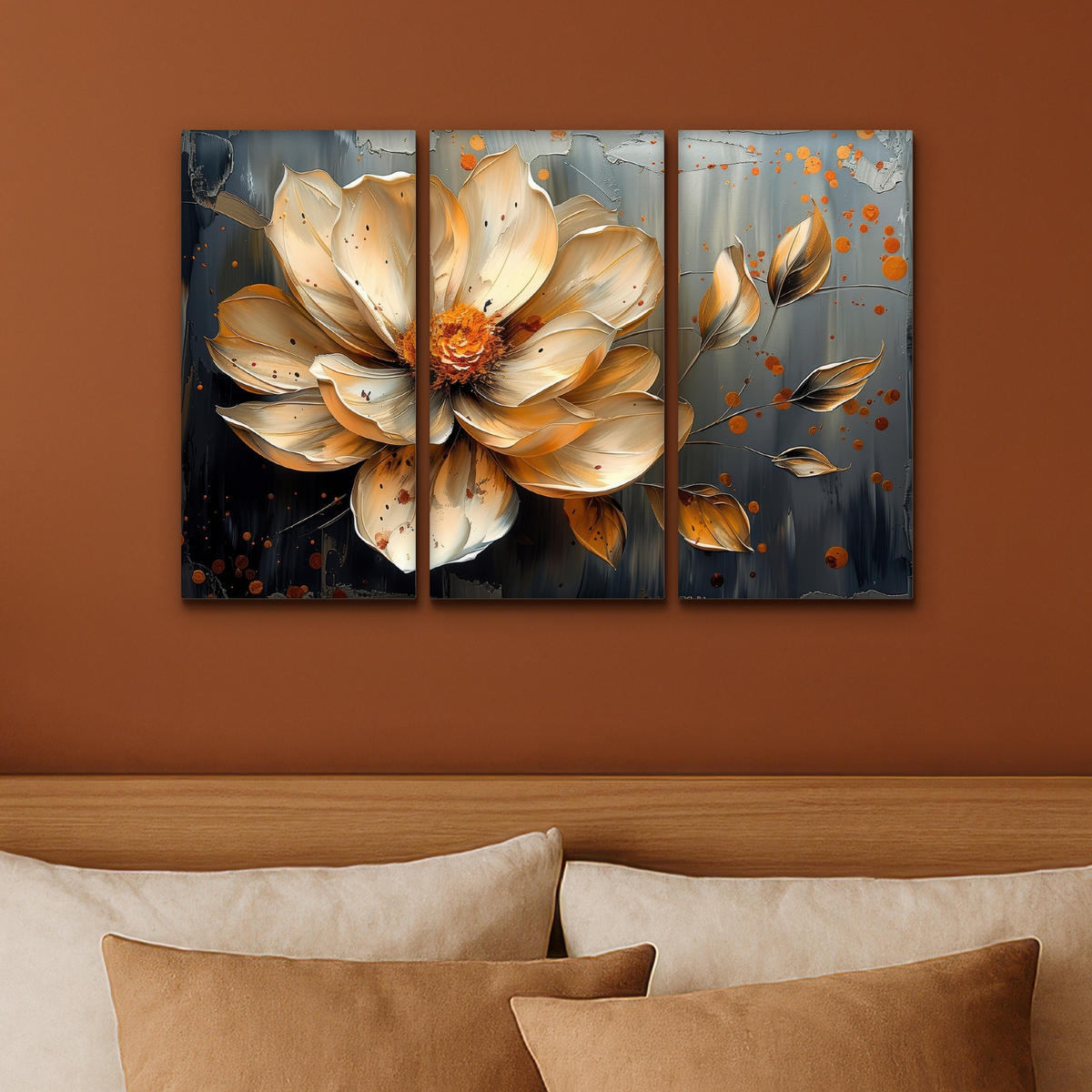 LEINWANDBILD 3er Set Blume - Gold - Abstrakt - Farbe 60x40 cm - Creme, Textil (60/40cm) - MuchoWow
