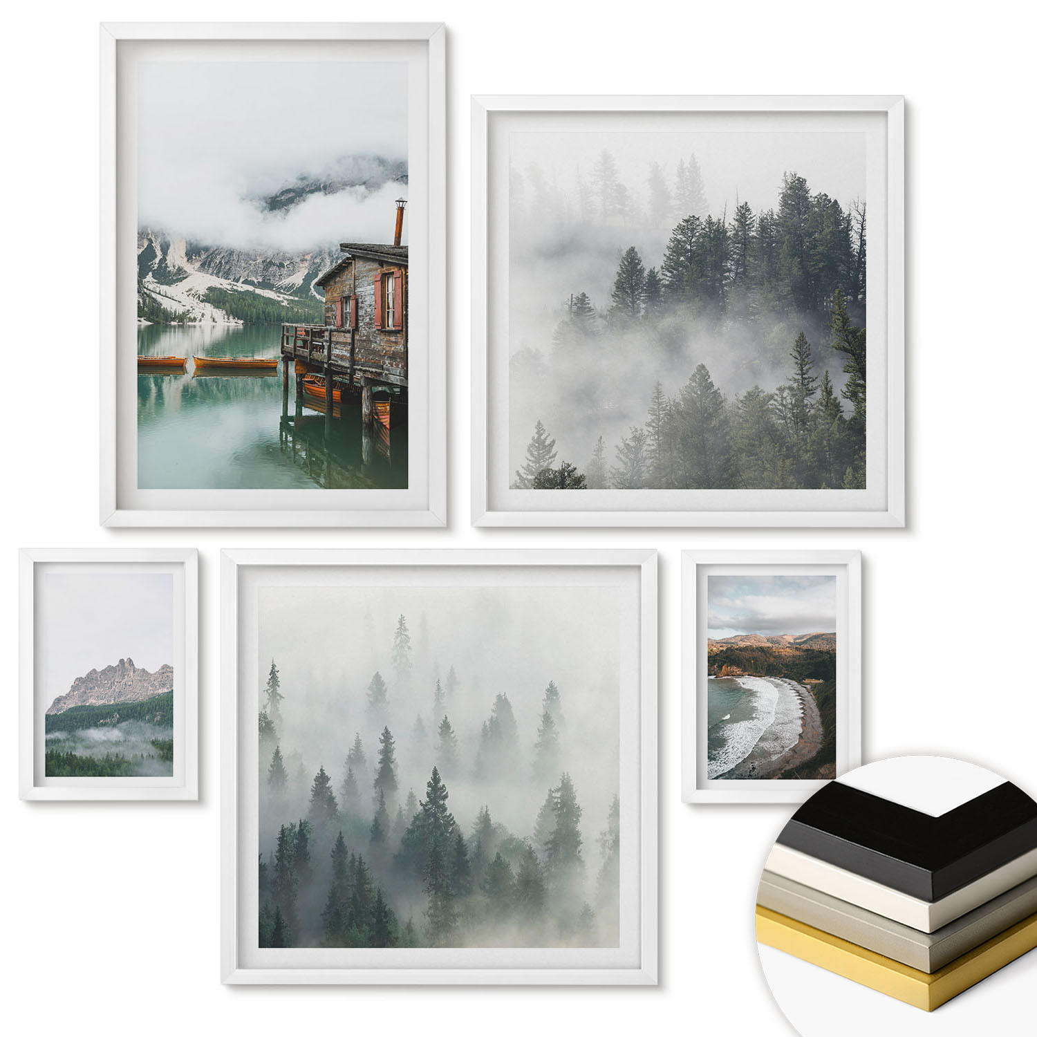 WANDBILDER 5er-Set - 50x50 cm & 20x30 cm & 40x60 cm Weißer Rahmen - Holzhausboot an Bergstränden - Weiß, Kunststoff (40/60cm) - ArtPrintCave