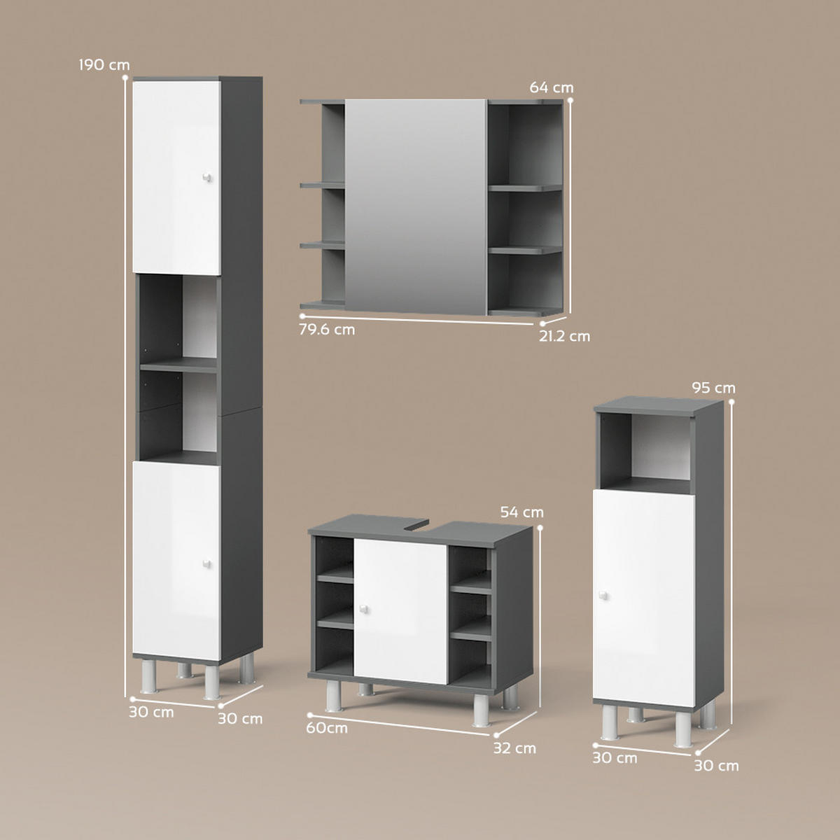 BADMÖBEL-SET Fucino Anthrazit 4 Teile - Weiß Hochglanz/Anthrazit, Holzwerkstoff (60/54/32cm) - Livinity®