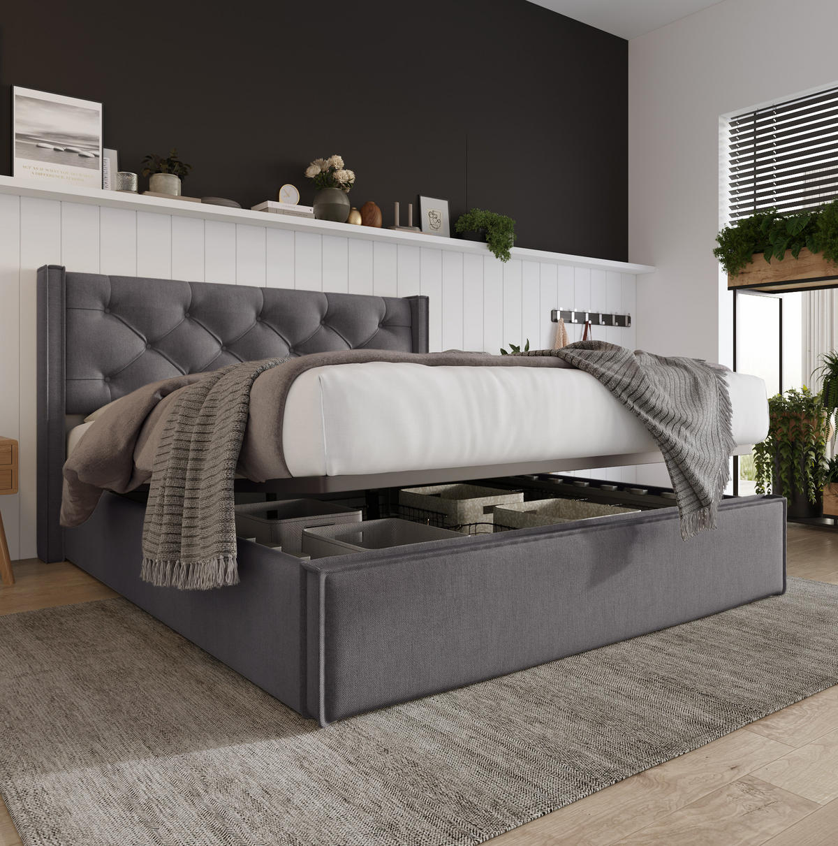 POLSTERBETT aus Baumwolle 140x200 cm in Grau mit Matratze & Bettkasten - Grau, Textil (140/200cm) - Modfu