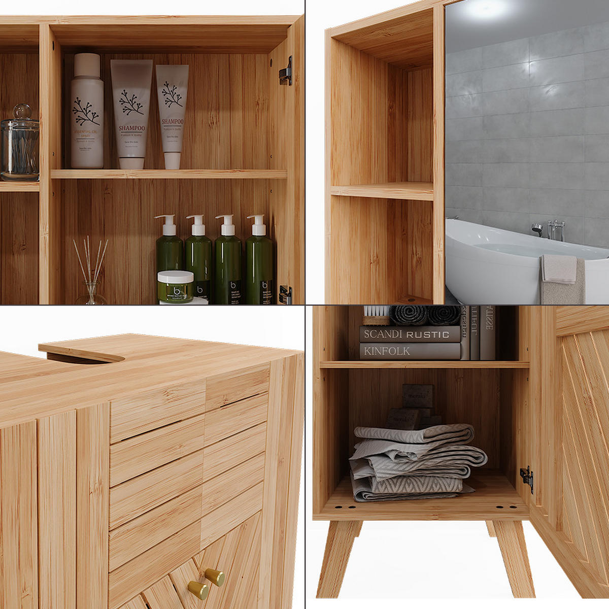 BADMÖBEL-SET Lucie Bambus 3 Teile, mit Hochschrank - Grün, Holzwerkstoff (60/65/36cm) - Vicco