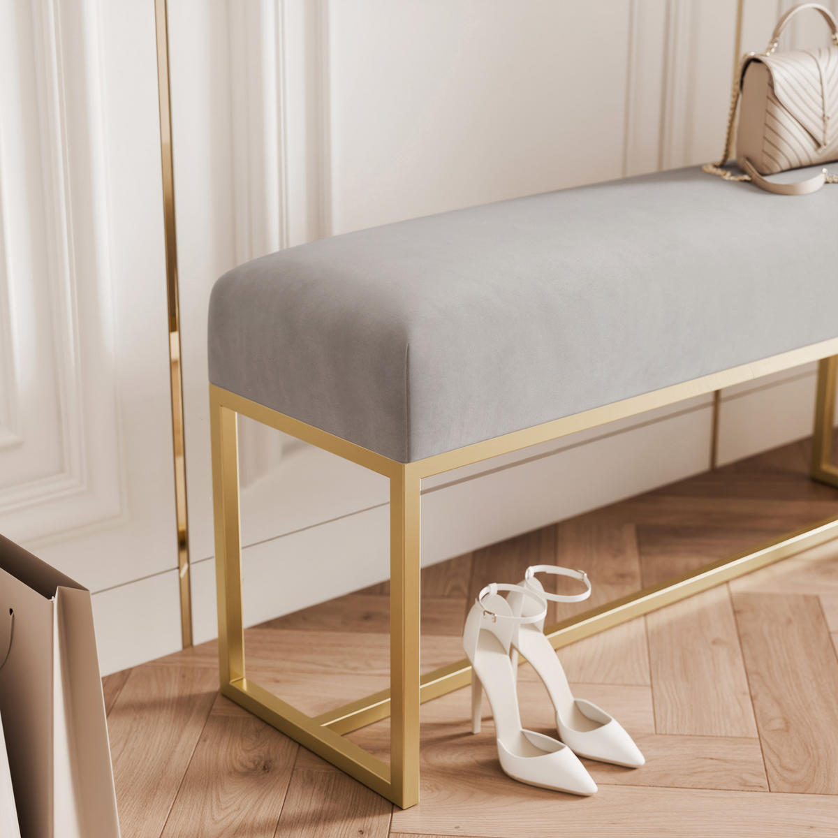 POLSTERBANK MUSE 100 cm Gold / Grau ,Metallgestell - Grau, Metall (100/47/30cm) - Idohome