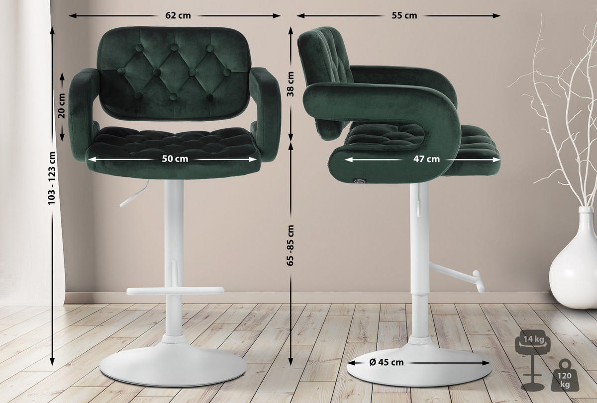BARHOCKER Samt dunkelgrün - Dunkelgrün/Weiß, Textil (62/103/55cm) - CLP