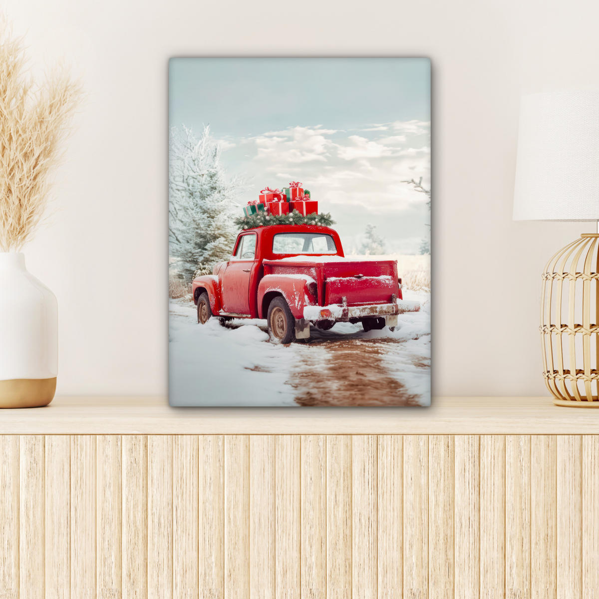 LEINWANDBILD Auto - Rot - Geschenke - Winter - Schnee - Weihnachten 30x40 cm - Rot, Textil (30/40cm) - MuchoWow