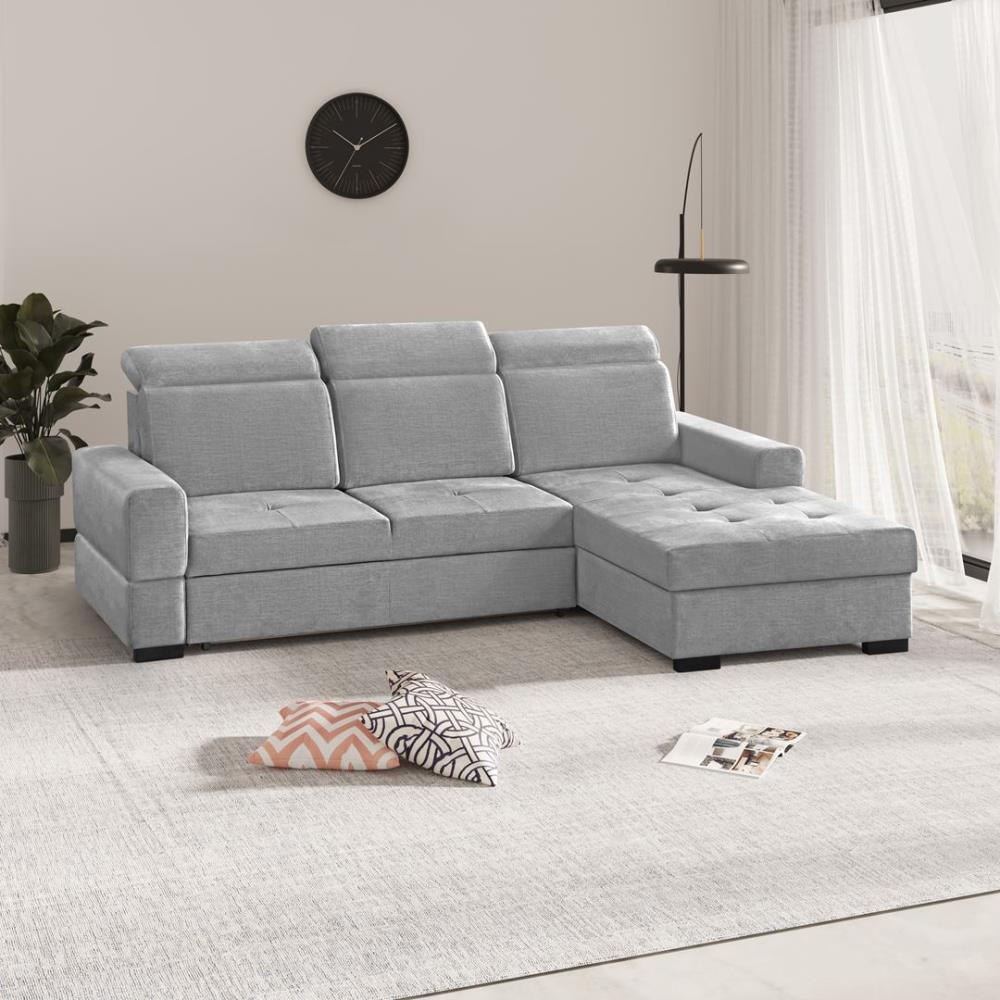 ECKSCHLAFSOFA Alex Mini hellgrau rechts - Hellgrau/Schwarz, Textil (245/185cm) - Beautysofa